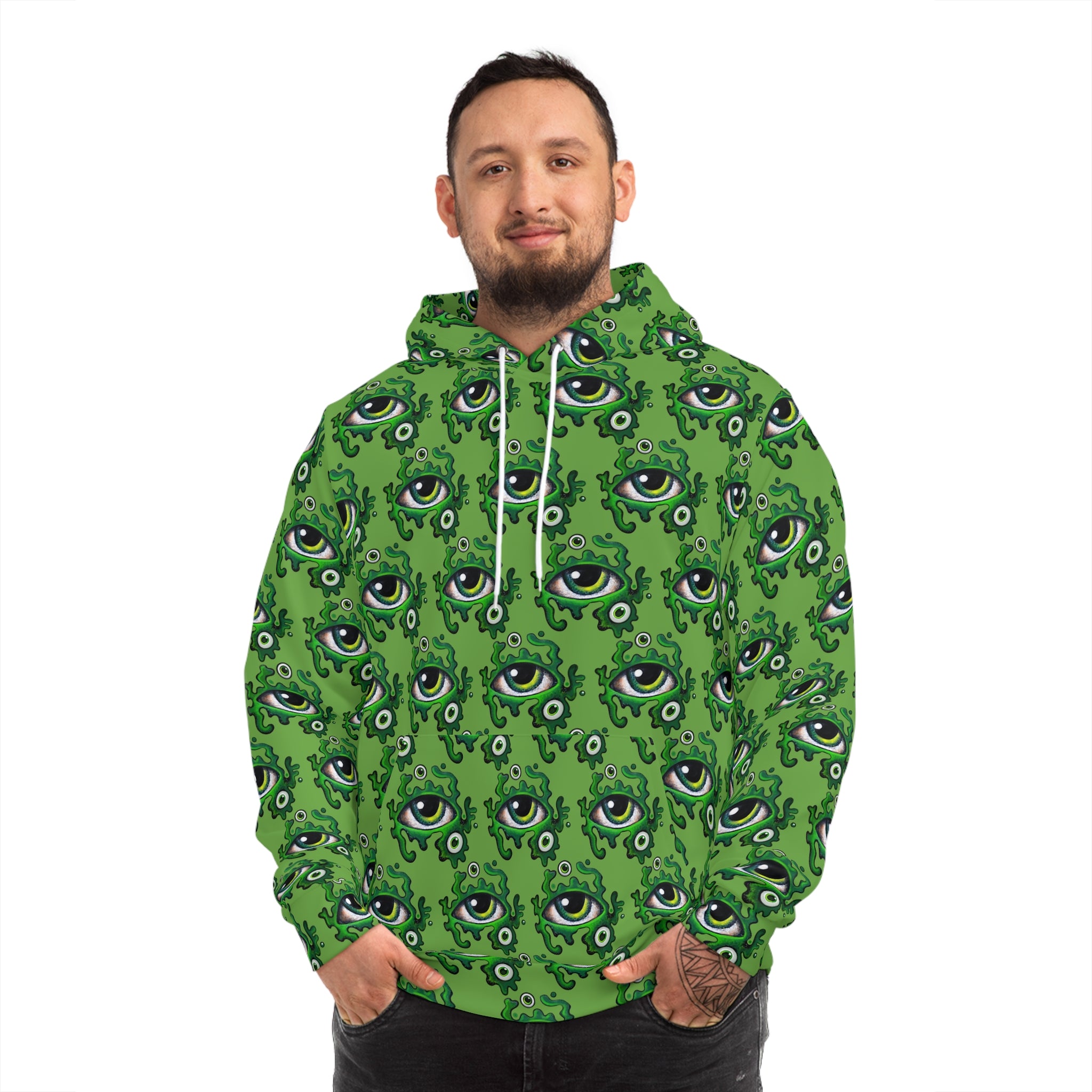 Green All-Over Eye Pattern Hoodie — Creepy Cute Monster Eyes AOP Fashion Hoodie #r54567