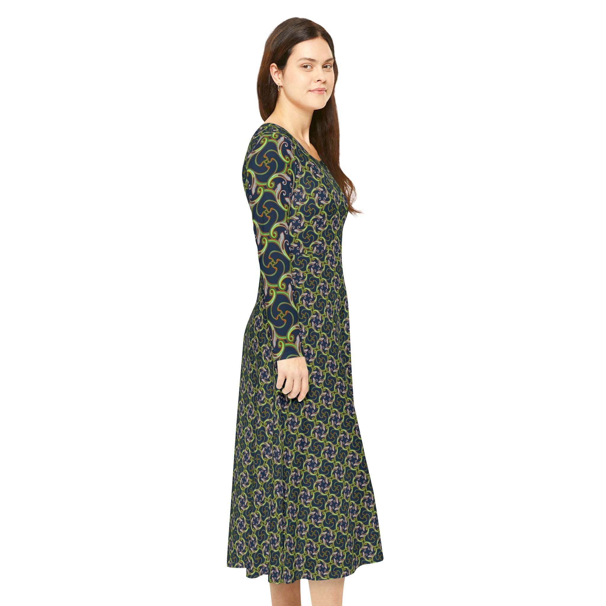 Long Sleeve Dance Dress — Green Celtic Knot All-Over Print #ld1