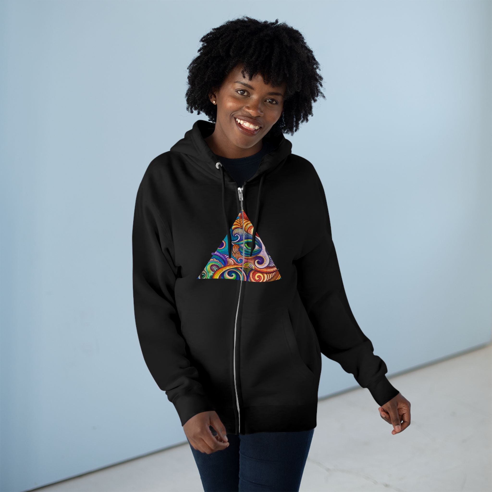Zip Hoodie with Colorful Psychedelic Triangle & Mandala Back — Vibrant Abstract Art Zip-Up  #cp2680