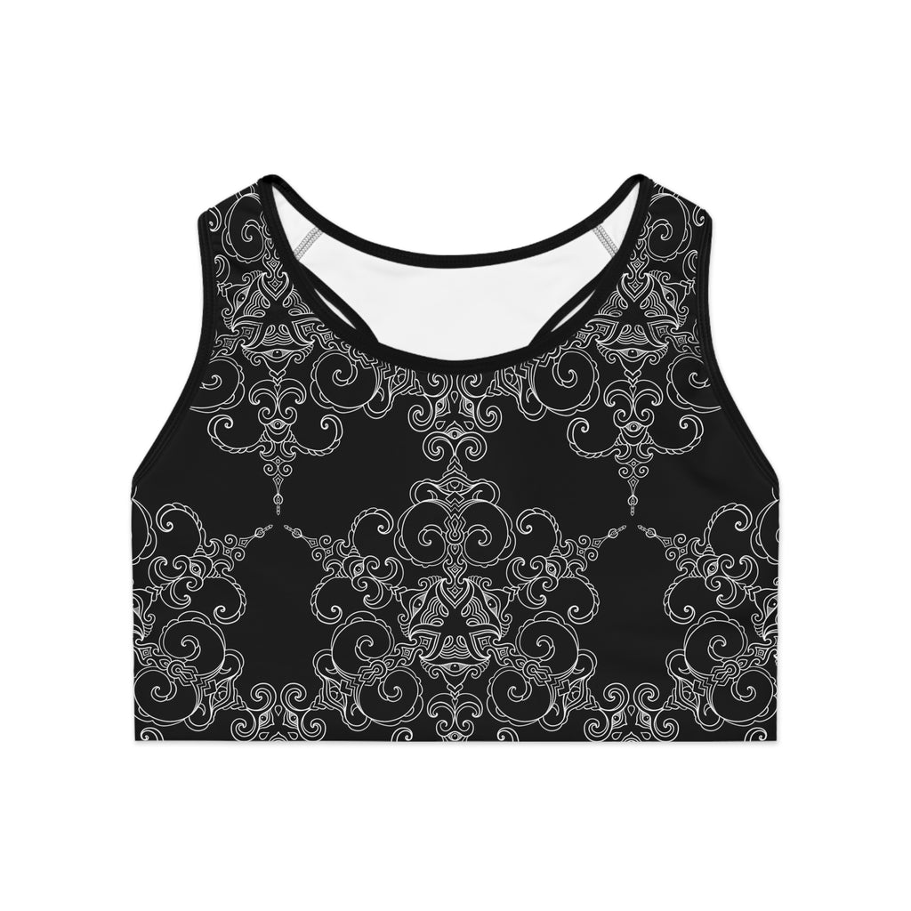 Black Baroque Pattern Sports Bra — Decorative Gothic Scroll Activewear #khf9653