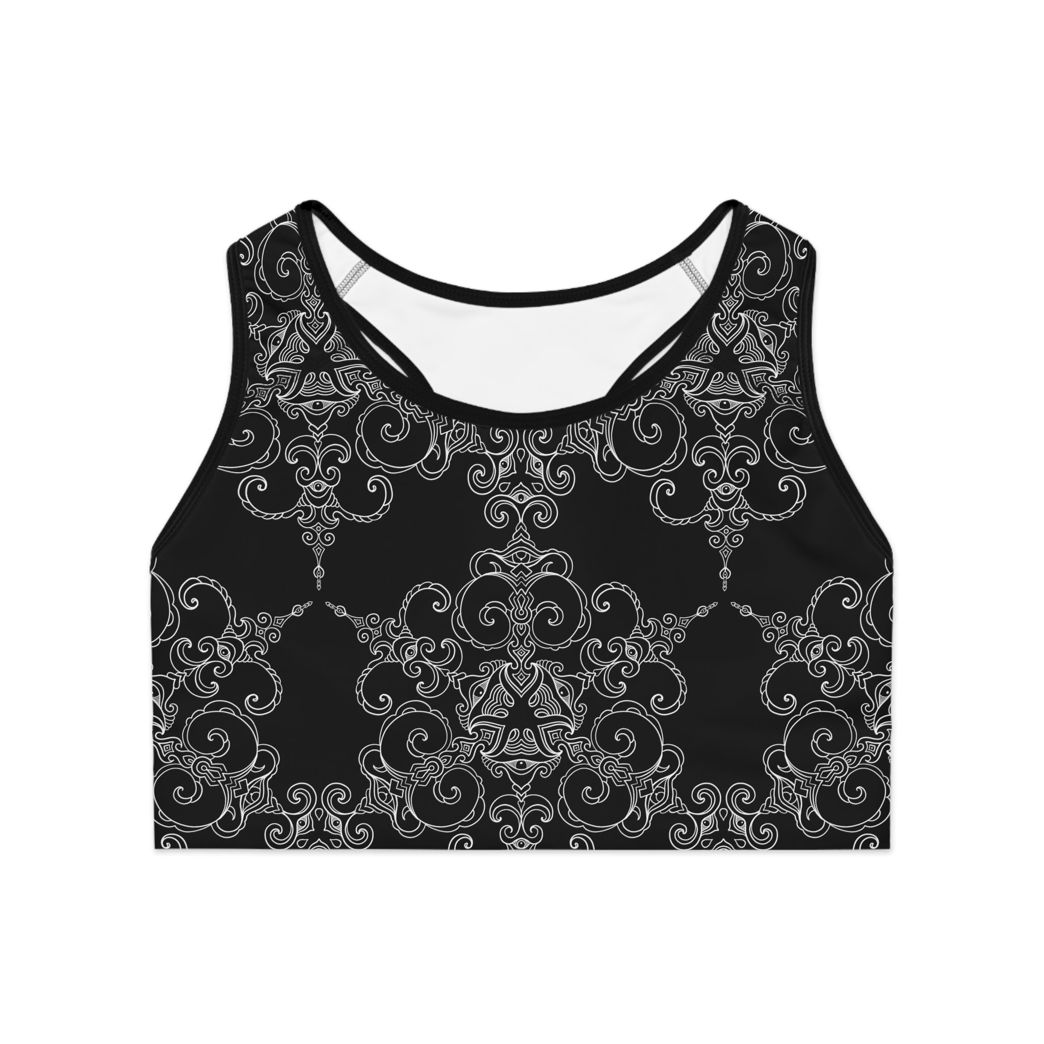 Black Baroque Pattern Sports Bra — Decorative Gothic Scroll Activewear #khf9653