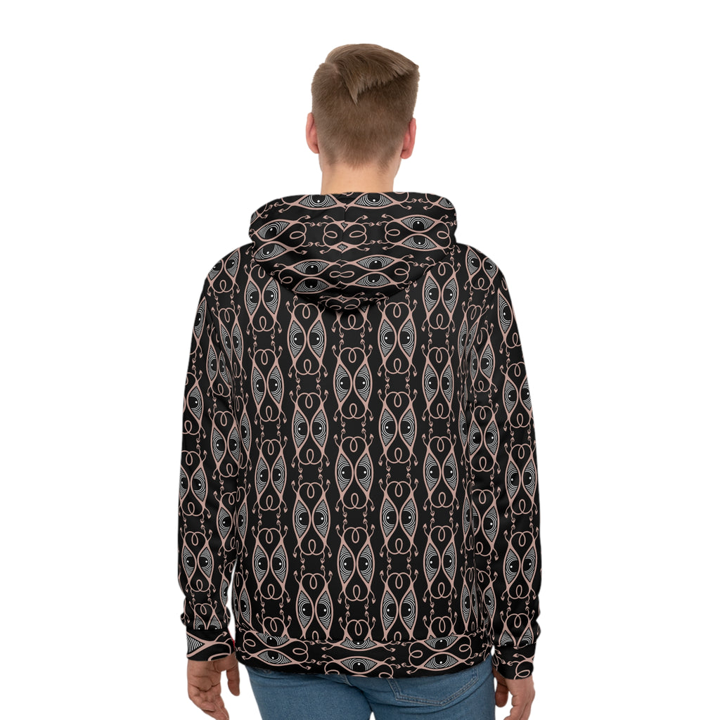 Men's All-Over Print Hoodie — Black & Rose Geometric Eye Pattern #h64578