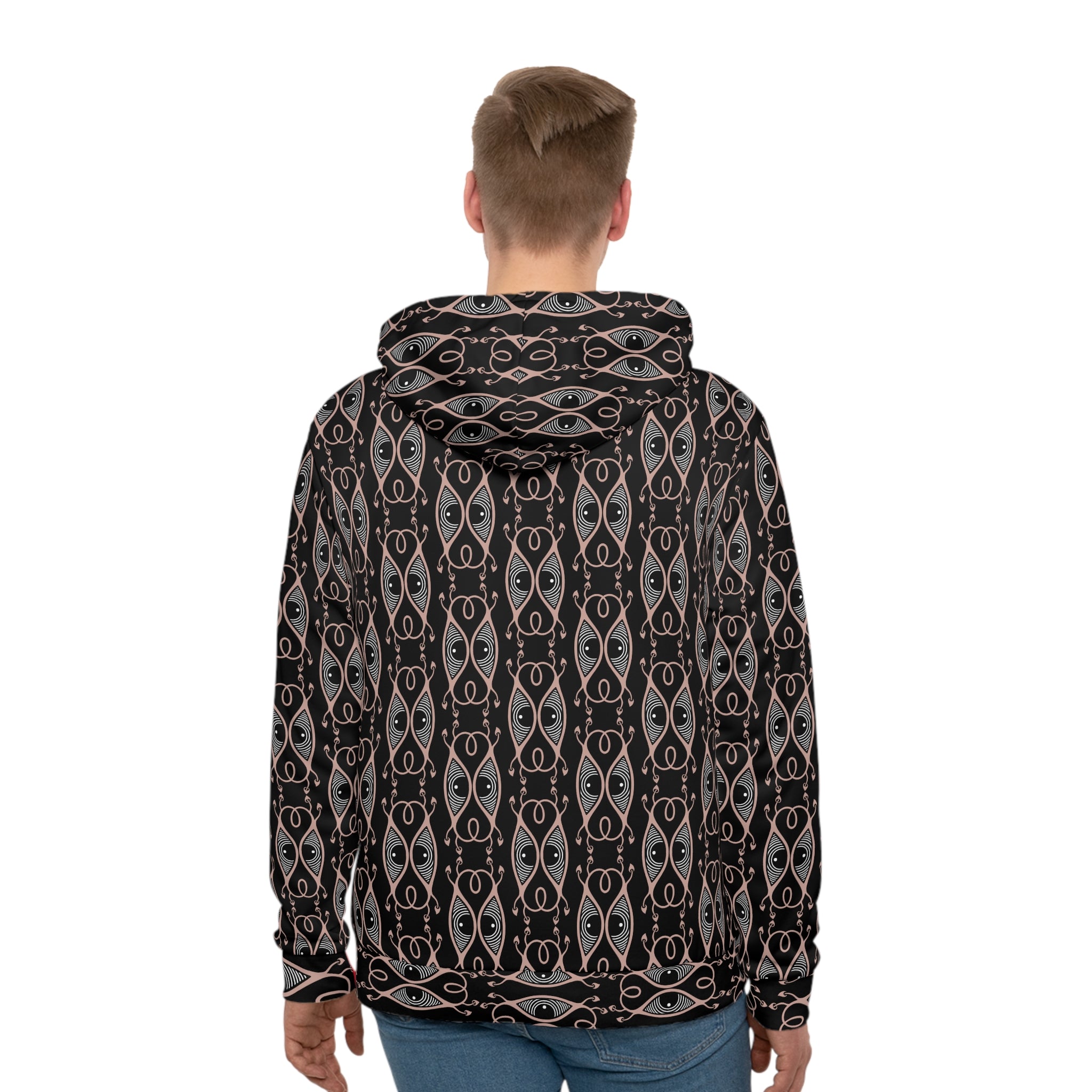 Men's All-Over Print Hoodie — Black & Rose Geometric Eye Pattern #h64578