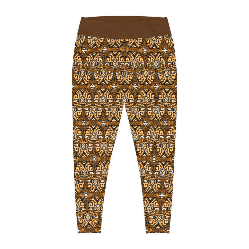Plus Size Aztec Pattern Leggings — Brown Tribal All-Over Print #fdg6598