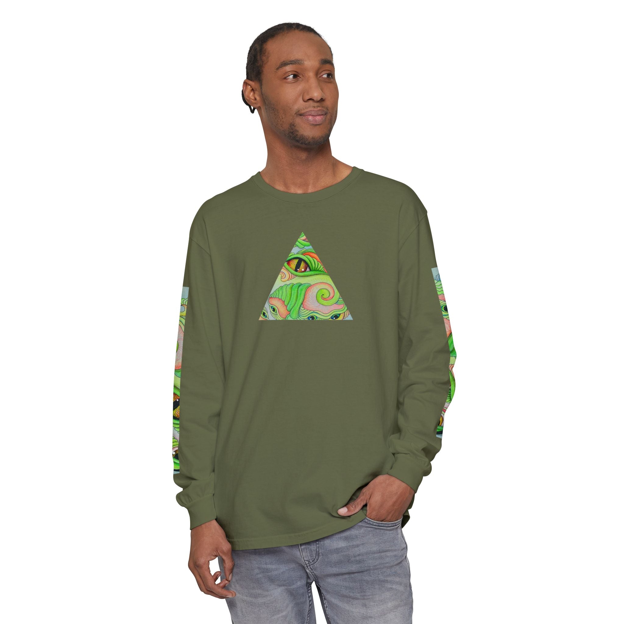 Psychedelic Green Triangle Long Sleeve Tee — Tribal Star Sleeve Artwork #gf086357