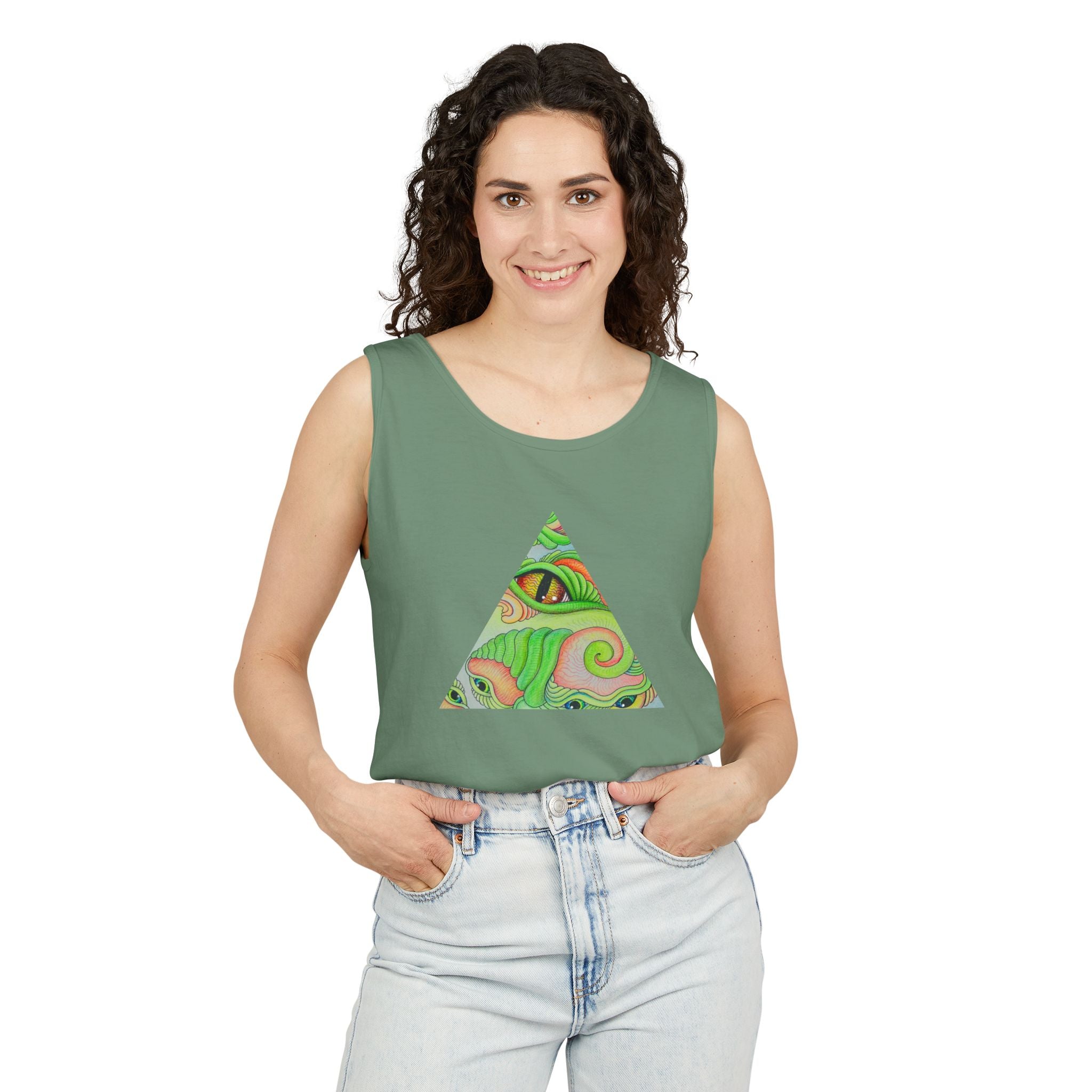 Psychedelic Triangle Tank Top — Green Swirl Eye Graphic #hg772225566