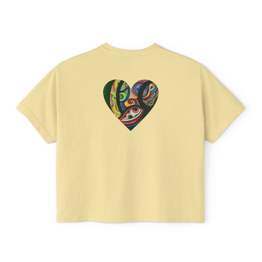 Women's Boxy Tee with Abstract Colorful Triangle (Front) & Heart (Back) Art — Casual Graphic Crop Top #hd9859