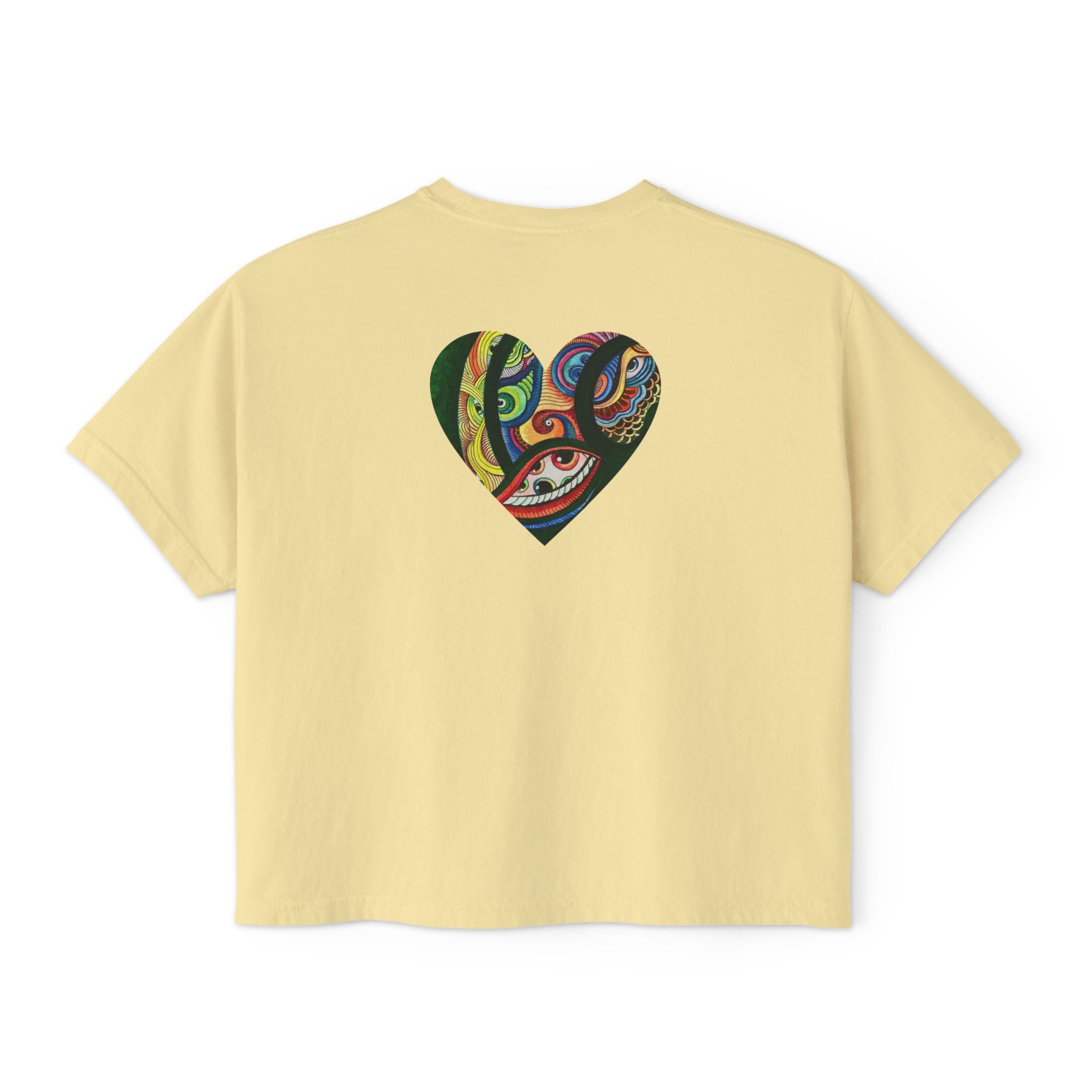 Women's Boxy Tee with Abstract Colorful Triangle (Front) & Heart (Back) Art — Casual Graphic Crop Top #hd9859