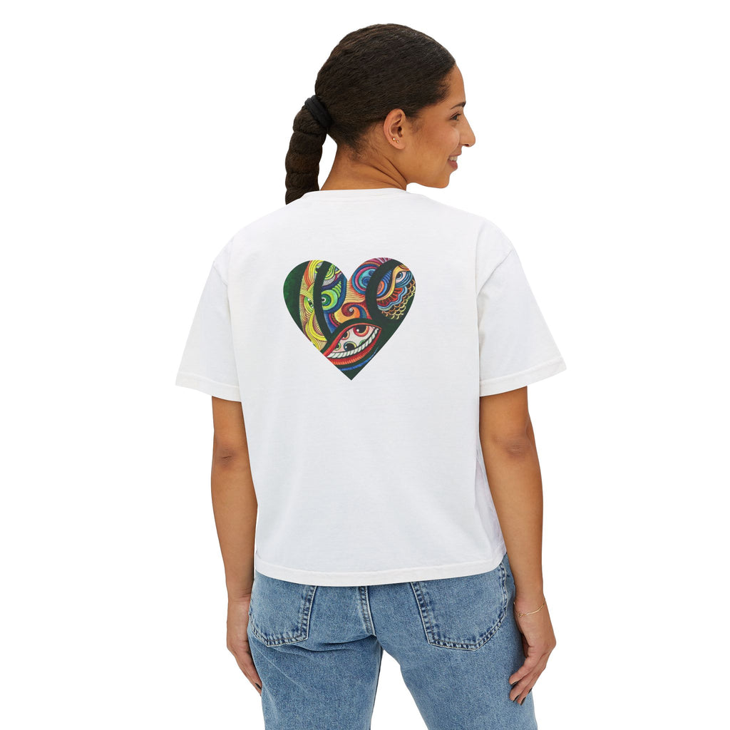 Women's Boxy Tee with Abstract Colorful Triangle (Front) & Heart (Back) Art — Casual Graphic Crop Top #hd9859