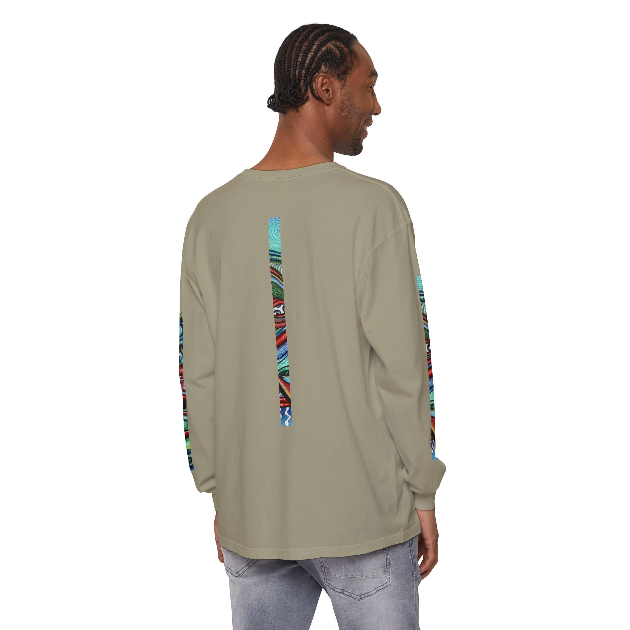 Psychedelic Starburst Long Sleeve Tee — Colorful Eye & Sleeve Stripe Design #k976344