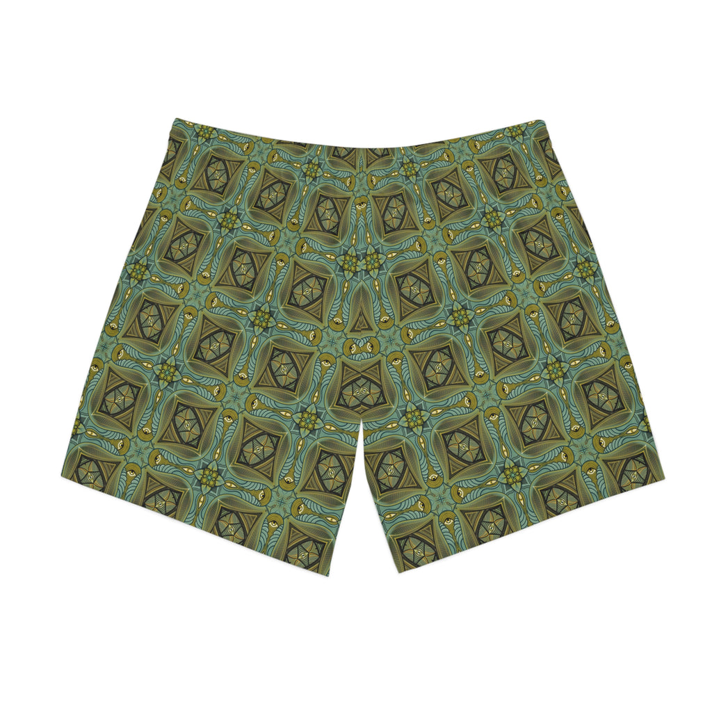 Men's Patterned Beach Shorts — Olive Geometric Kaleidoscope Print #h8764789