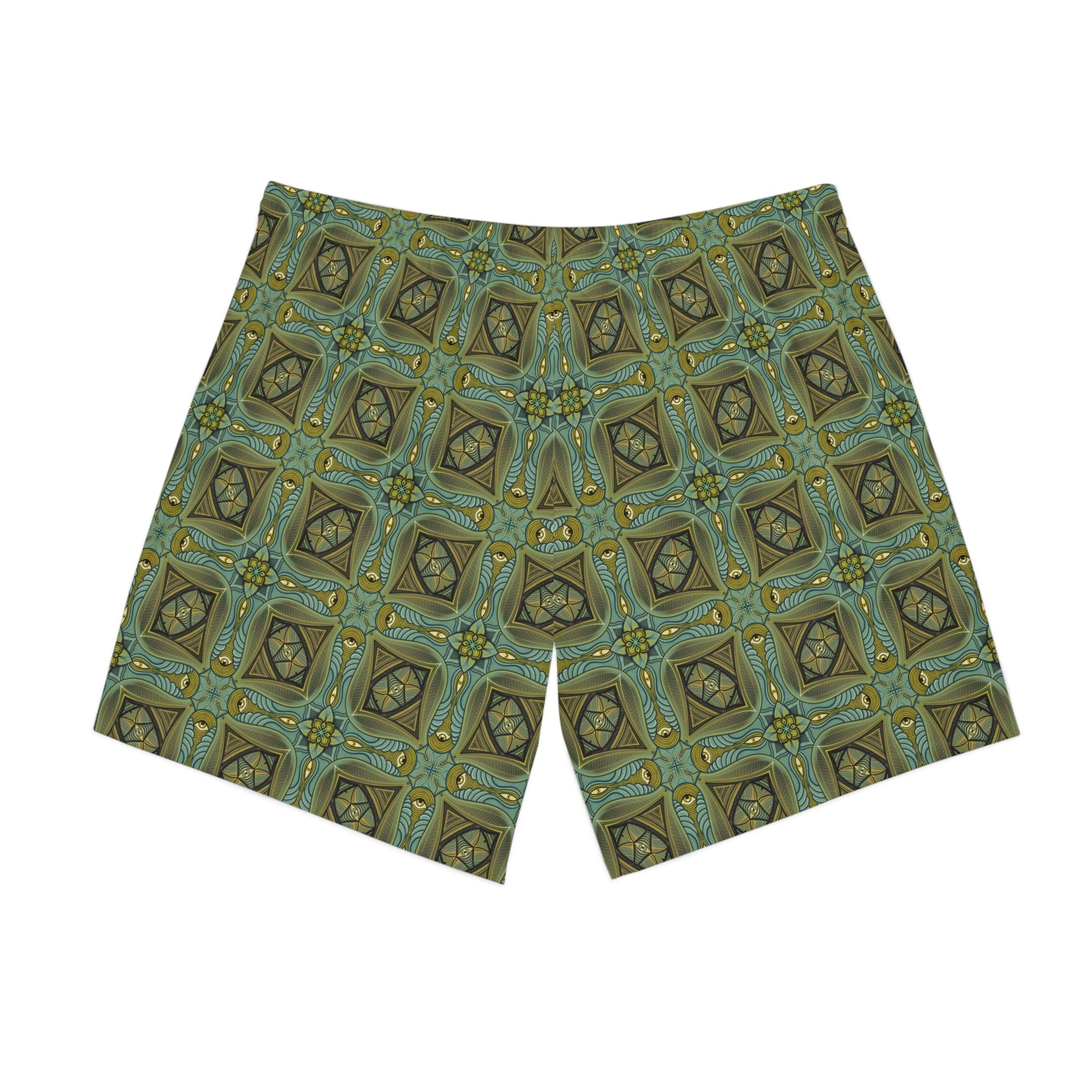 Men's Patterned Beach Shorts — Olive Geometric Kaleidoscope Print #h8764789