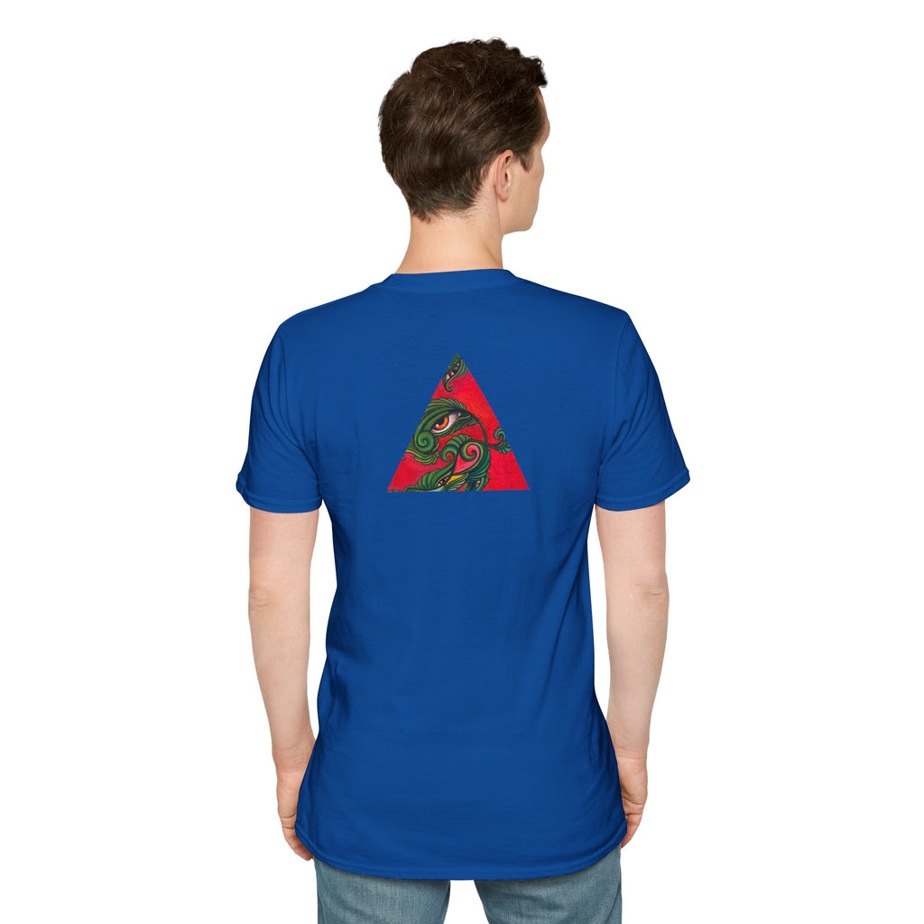 Geometric Tribal Eye Tee — Abstract Red & Green Triangle Graphic T-Shirt #sx432177