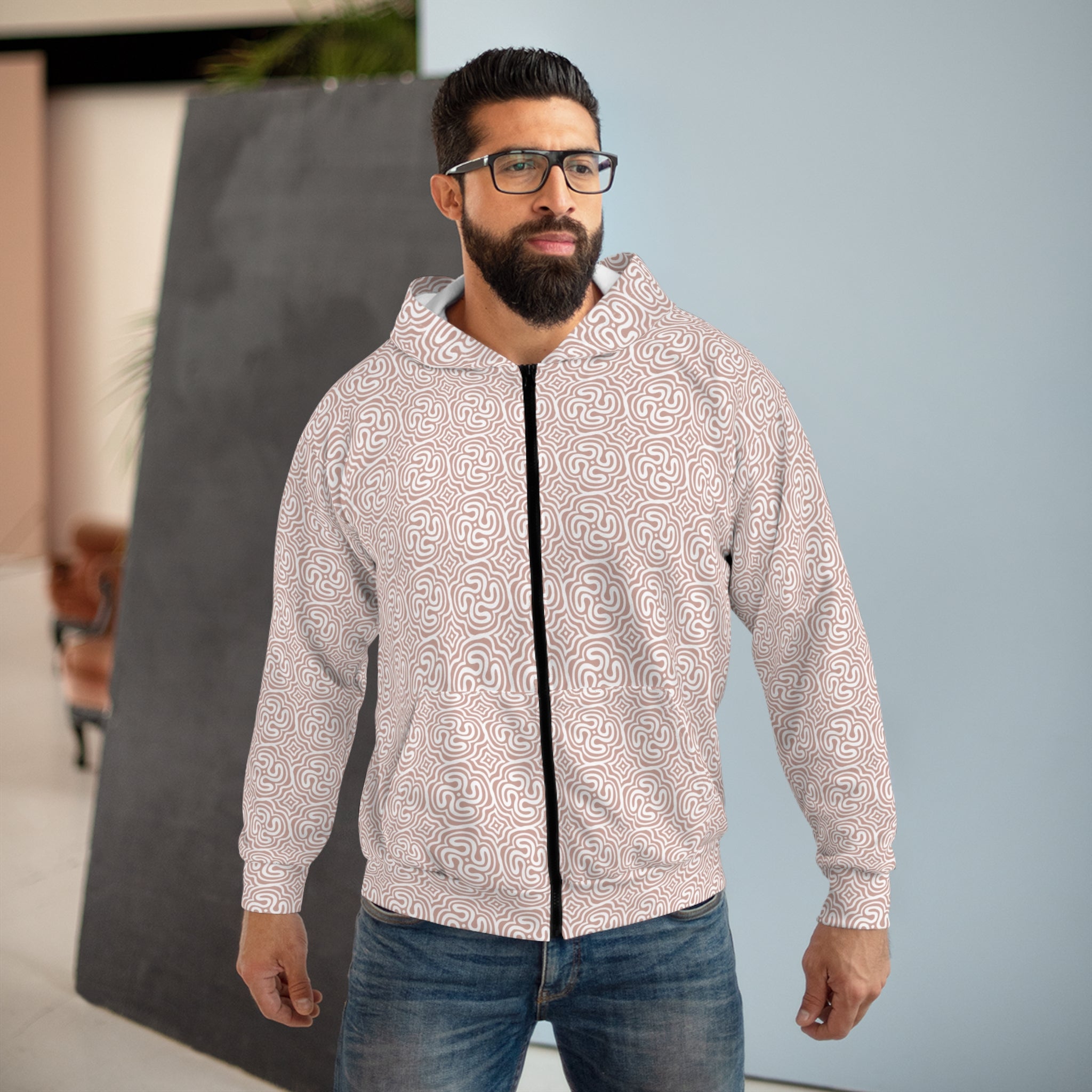 Abstract Maze Pattern Zip Hoodie — Neutral Pink All-Over-Print #y655688
