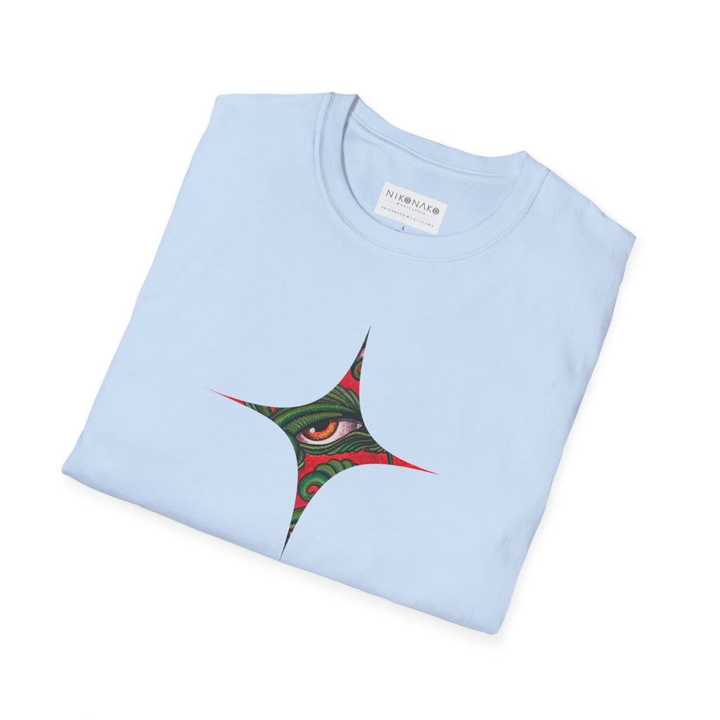 Geometric Tribal Eye Tee — Abstract Red & Green Triangle Graphic T-Shirt #sx432177