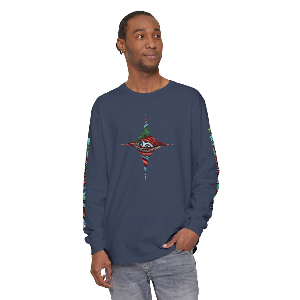 Psychedelic Starburst Long Sleeve Tee — Colorful Eye & Sleeve Stripe Design #k976344
