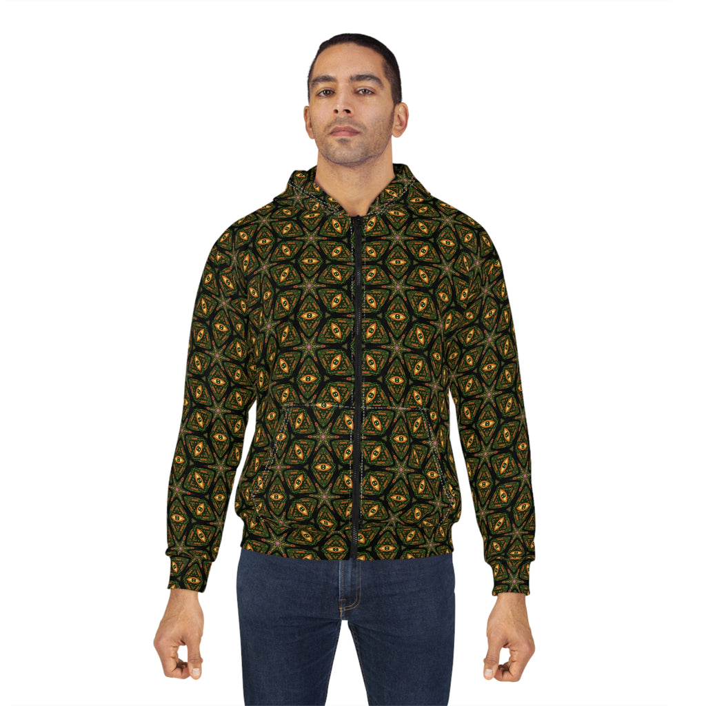 Kaleidoscope Geo Zip Hoodie — Olive Gold All-Over Print #u975567