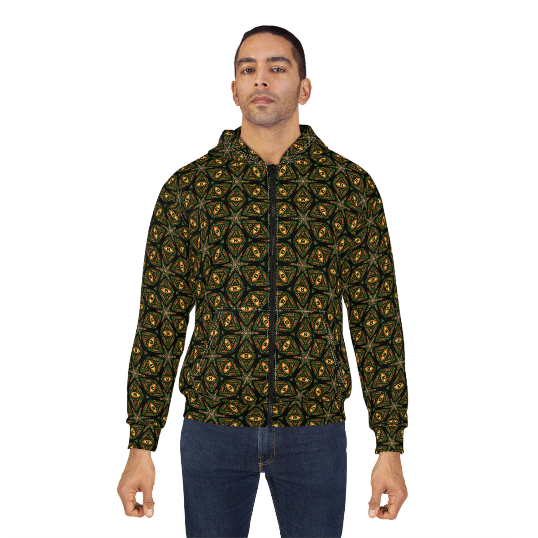 Kaleidoscope Geo Zip Hoodie — Olive Gold All-Over Print #u975567