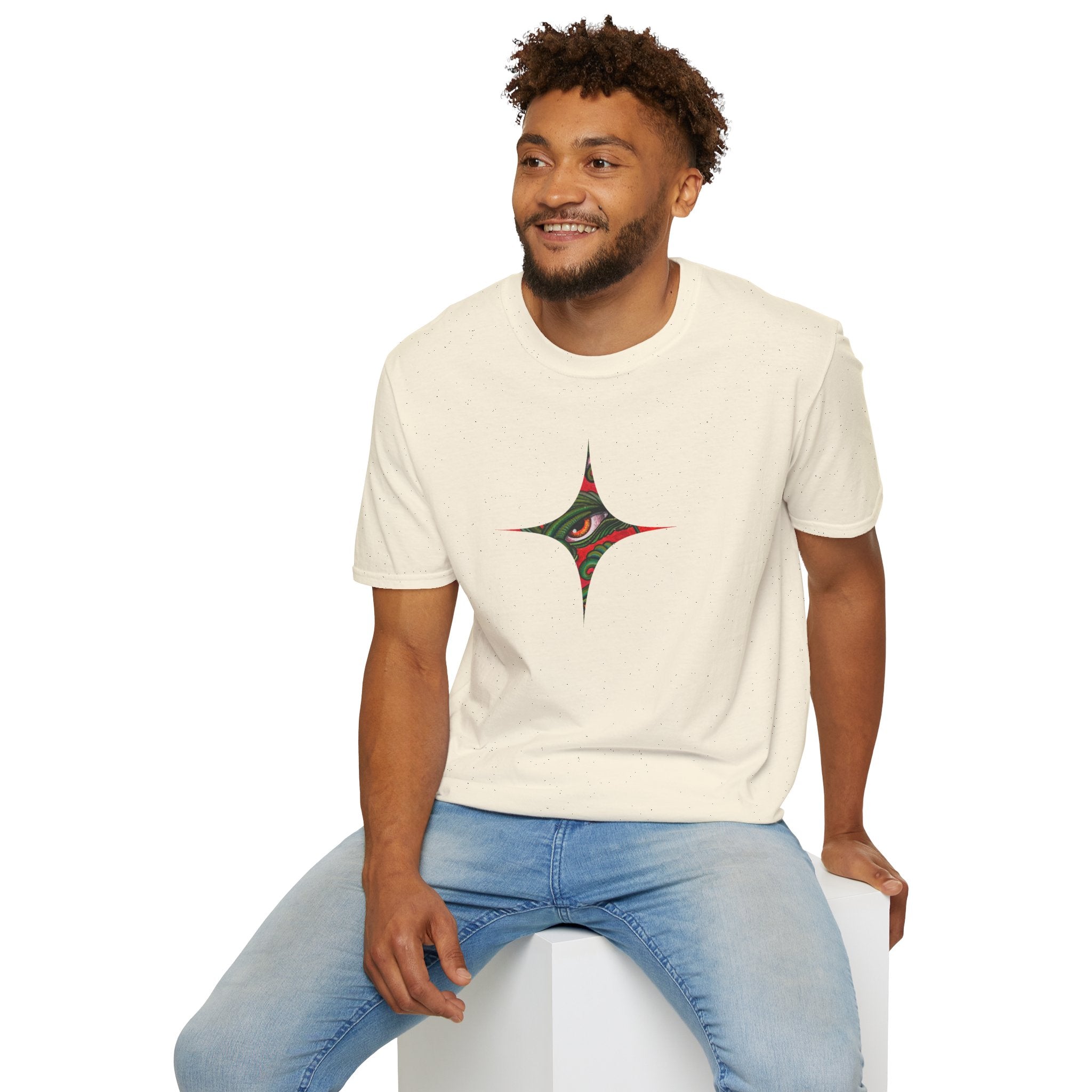Geometric Tribal Eye Tee — Abstract Red & Green Triangle Graphic T-Shirt #sx432177