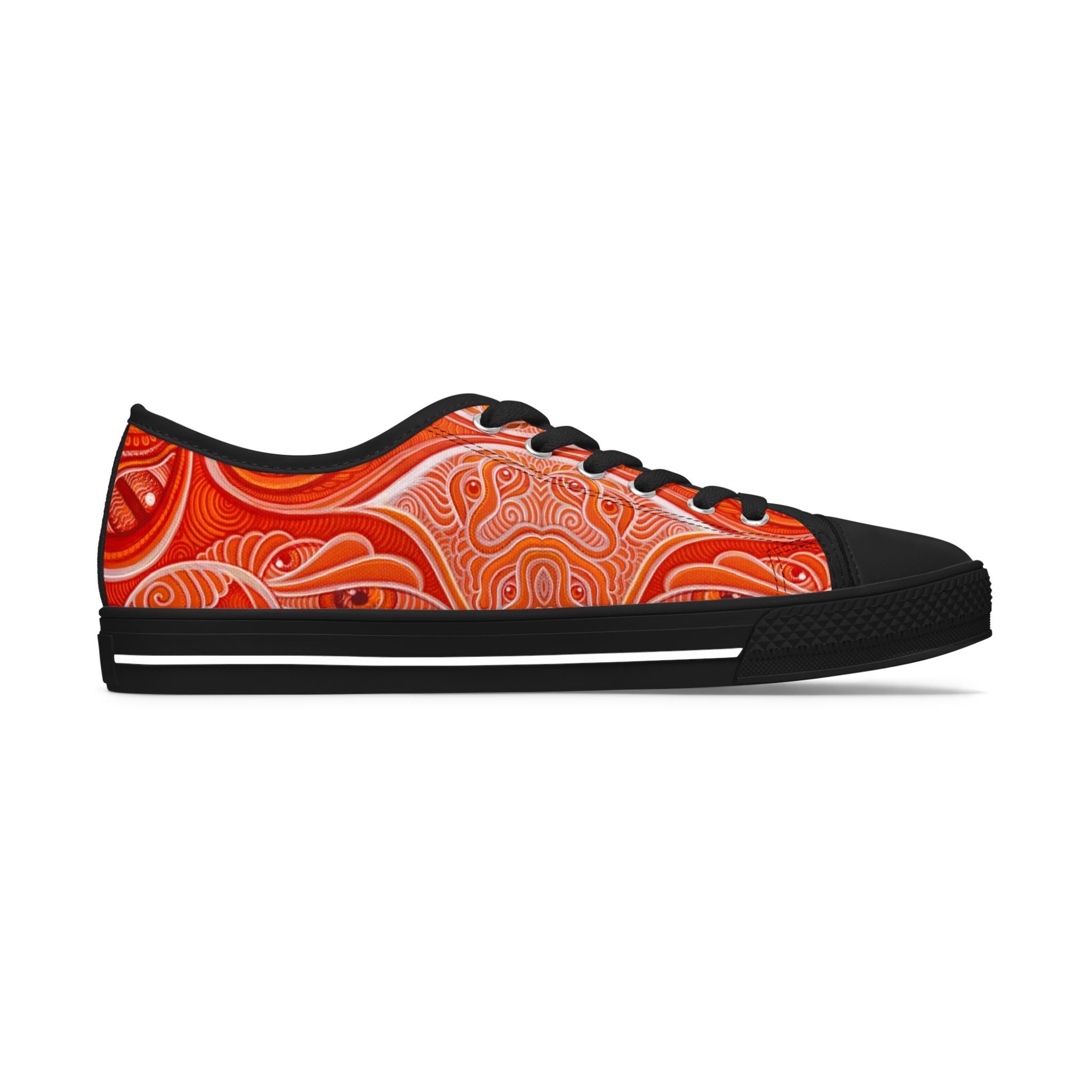 Women's Low Top Sneakers — Red Abstract Swirl Canvas Shoes, Artistic Casual Lace-Up Trainers #d00422