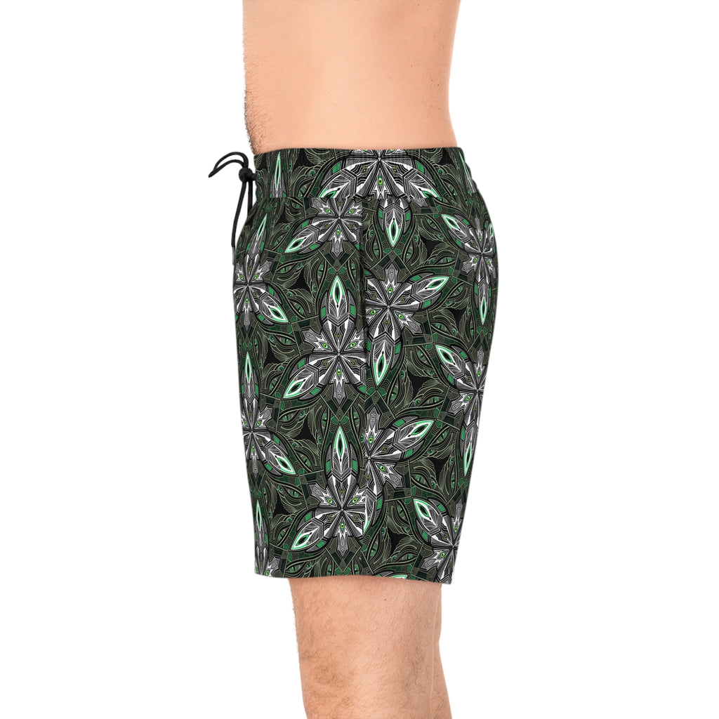 Green Kaleidoscope Swim Shorts — Men's Mid-Length Patterned Beach Trunks. #gd753987
