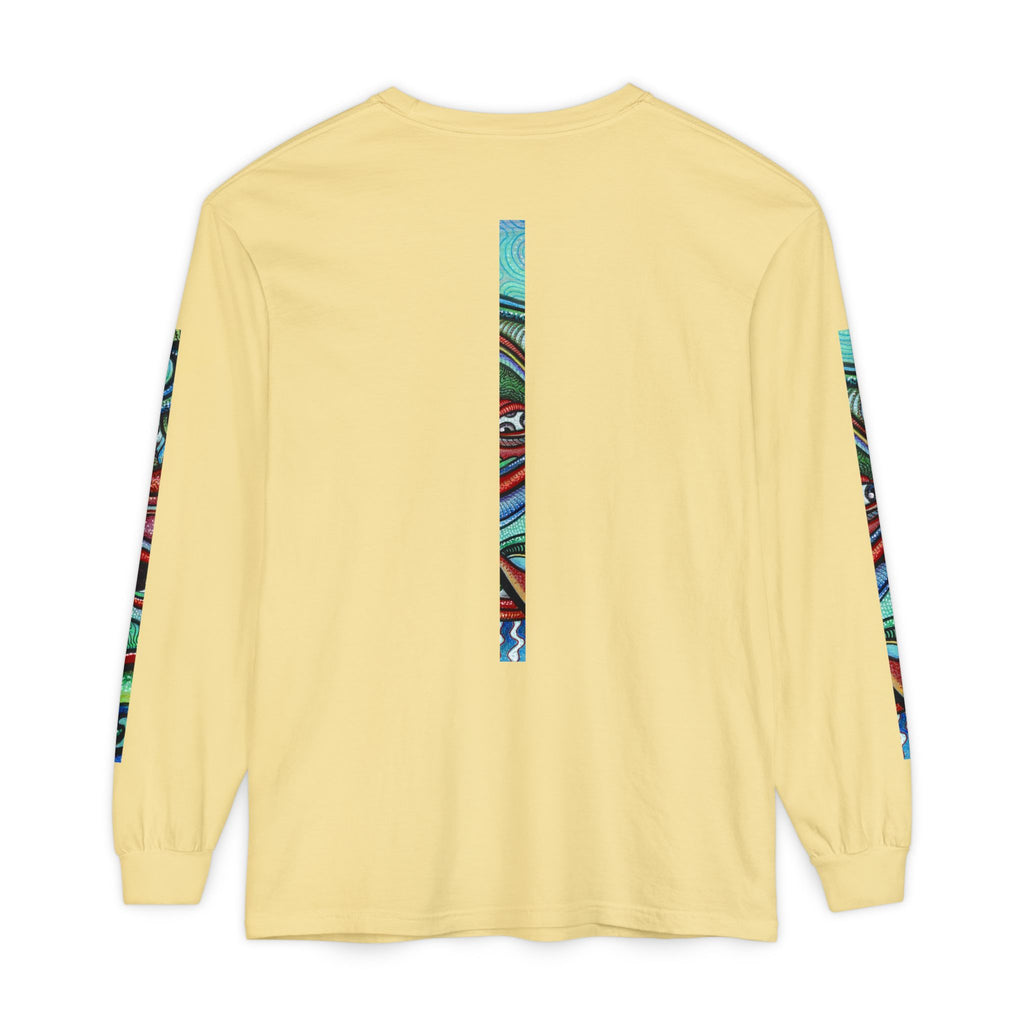 Psychedelic Starburst Long Sleeve Tee — Colorful Eye & Sleeve Stripe Design #k976344