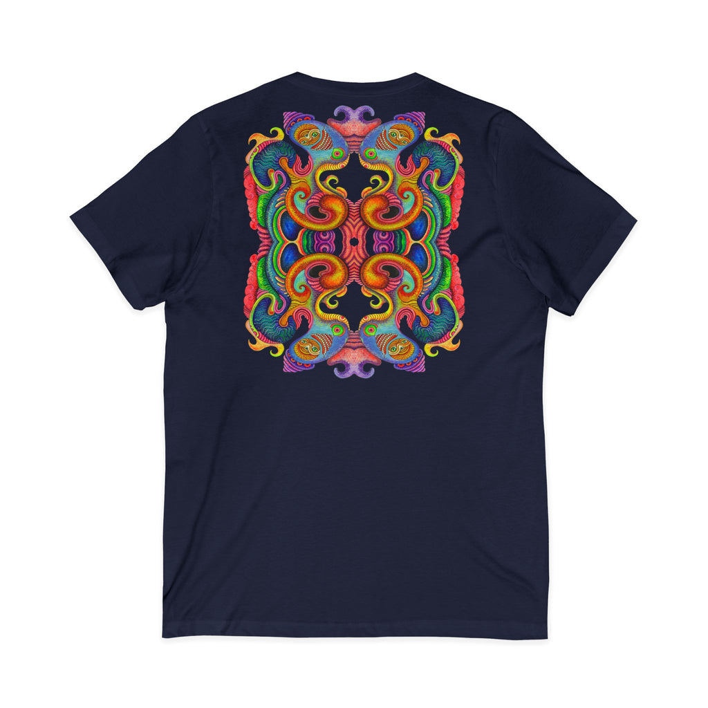 Psychedelic Keyhole V-Neck Tee — Colorful Abstract Back Art  #h975468
