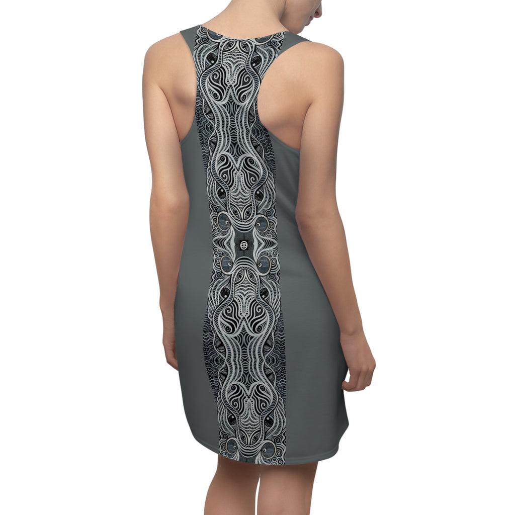 Gray Racerback Dress with Intricate Celtic Knot Panel — Women's Cut & Sew AOP #h009977