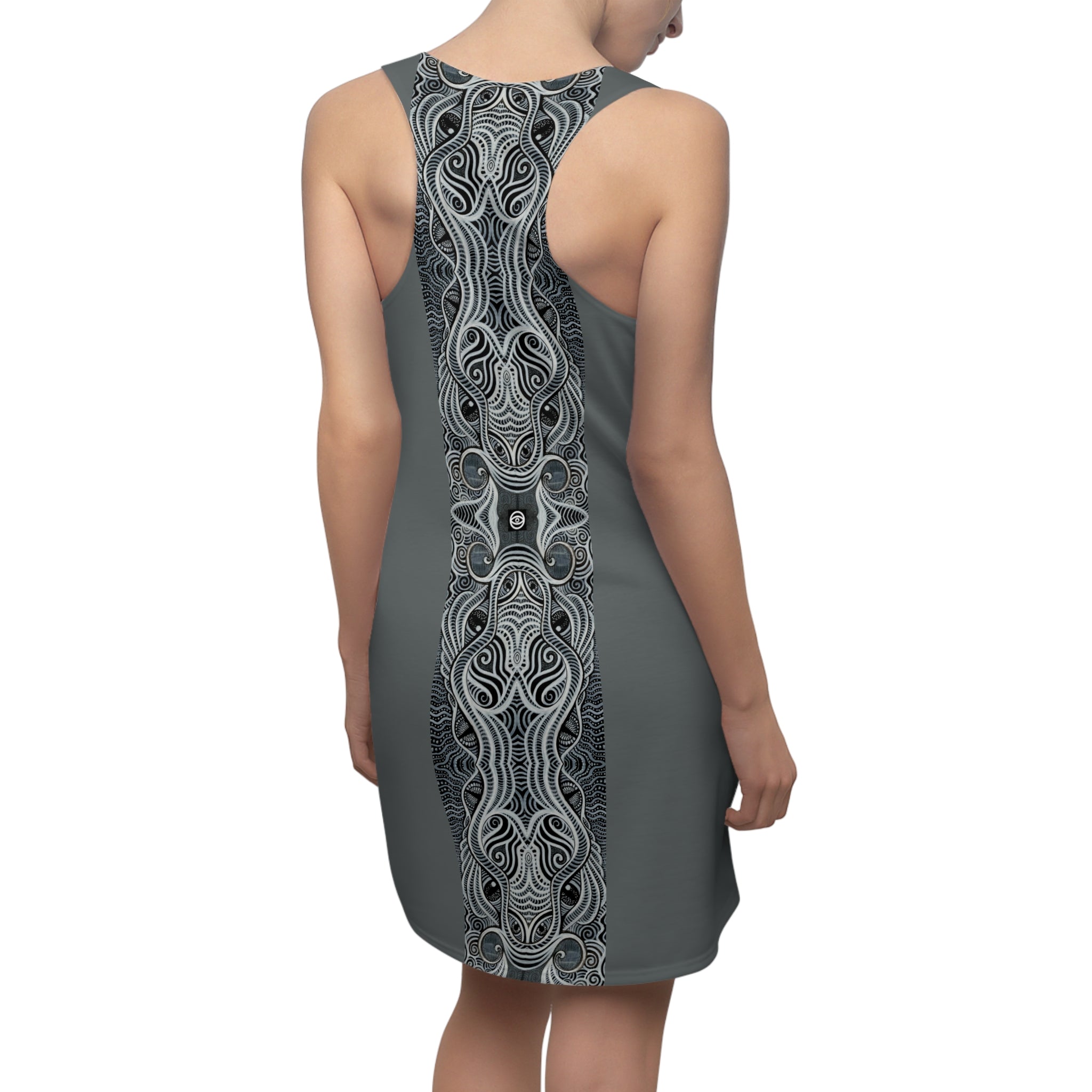 Gray Racerback Dress with Intricate Celtic Knot Panel — Women's Cut & Sew AOP #h009977