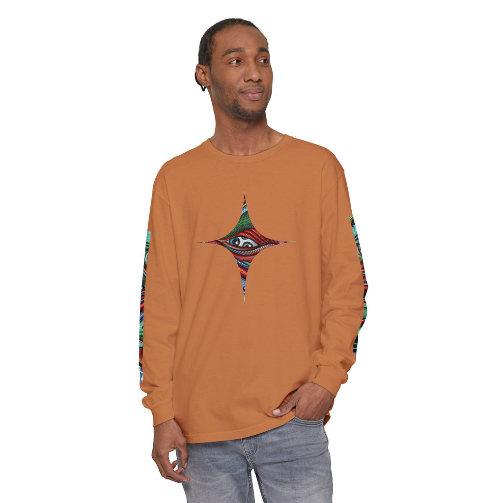 Psychedelic Starburst Long Sleeve Tee — Colorful Eye & Sleeve Stripe Design #k976344