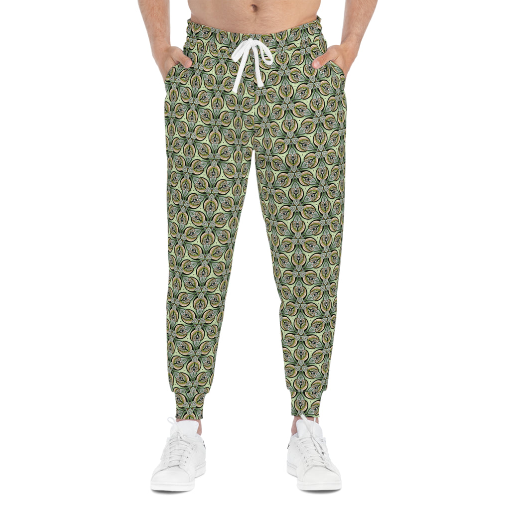 Green Geometric Leaf Pattern Joggers – All-Over Print Athletic Sweatpants #sp2