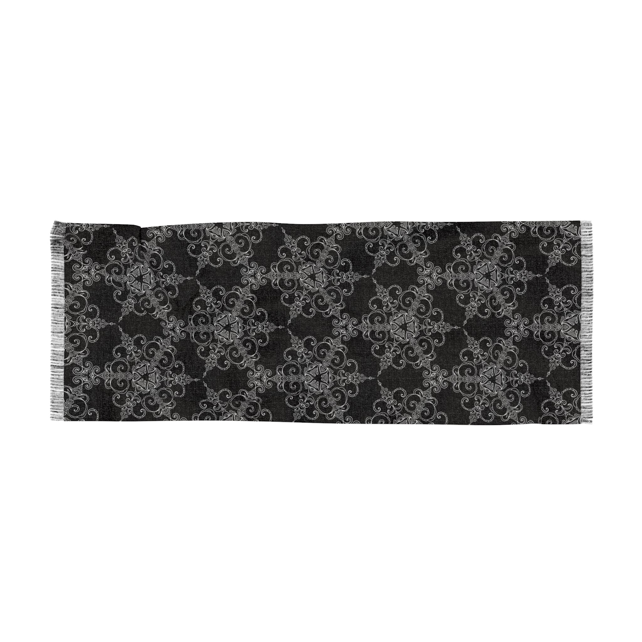 Intricate Filigree Light Scarf - Lightweight Black & Gray Patterned Wrap #h986457