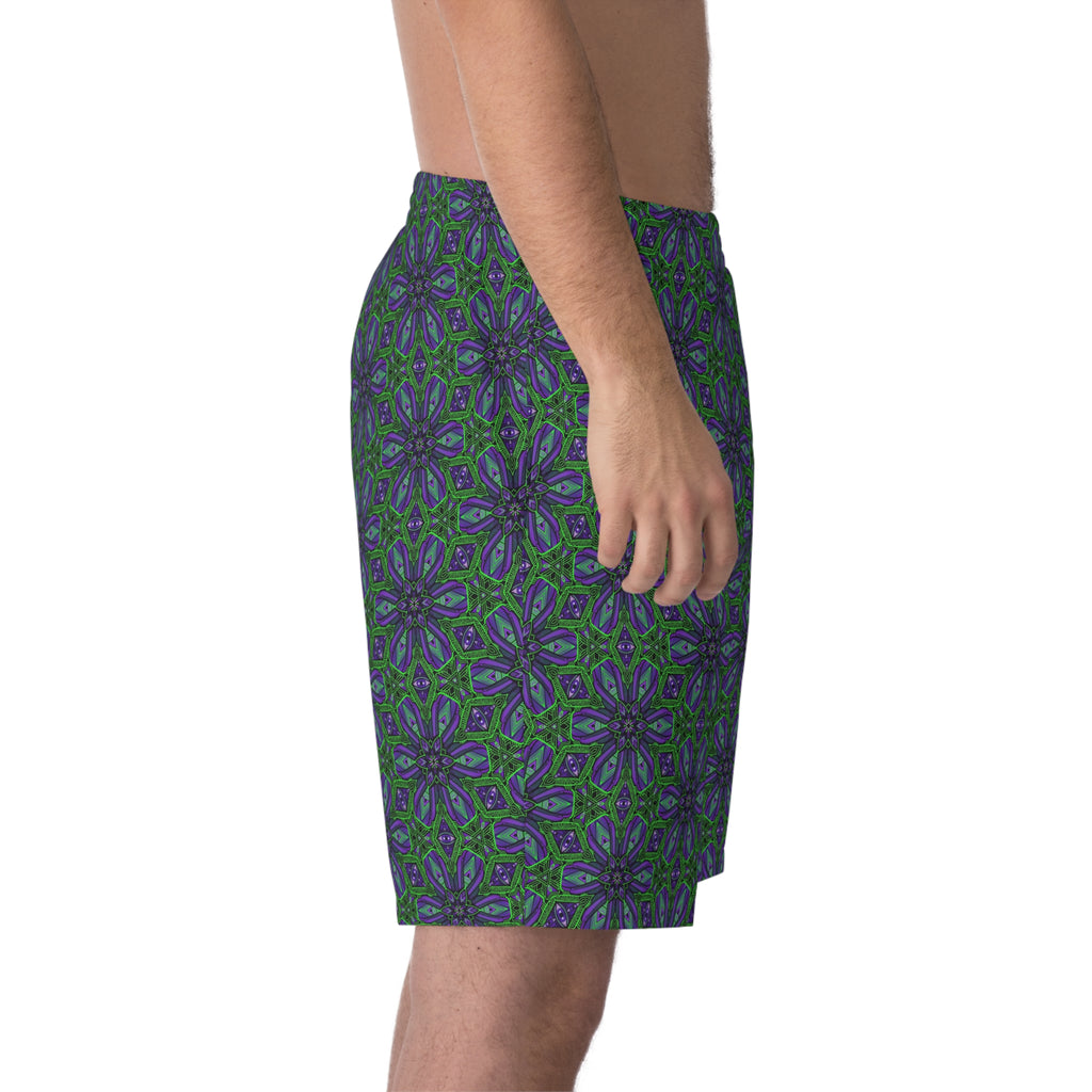Floral Kaleidoscope Beach Shorts — Green & Indigo All-Over Print #sk08757