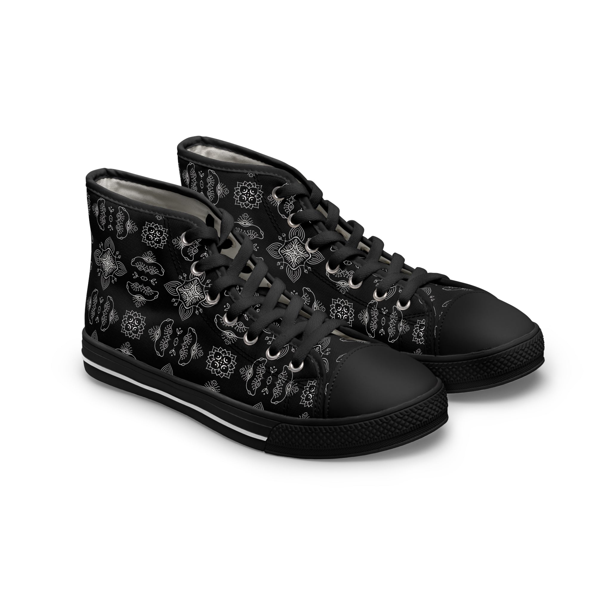High Top Sneakers - Black Paisley Pattern Women's Canvas Shoes #d3566