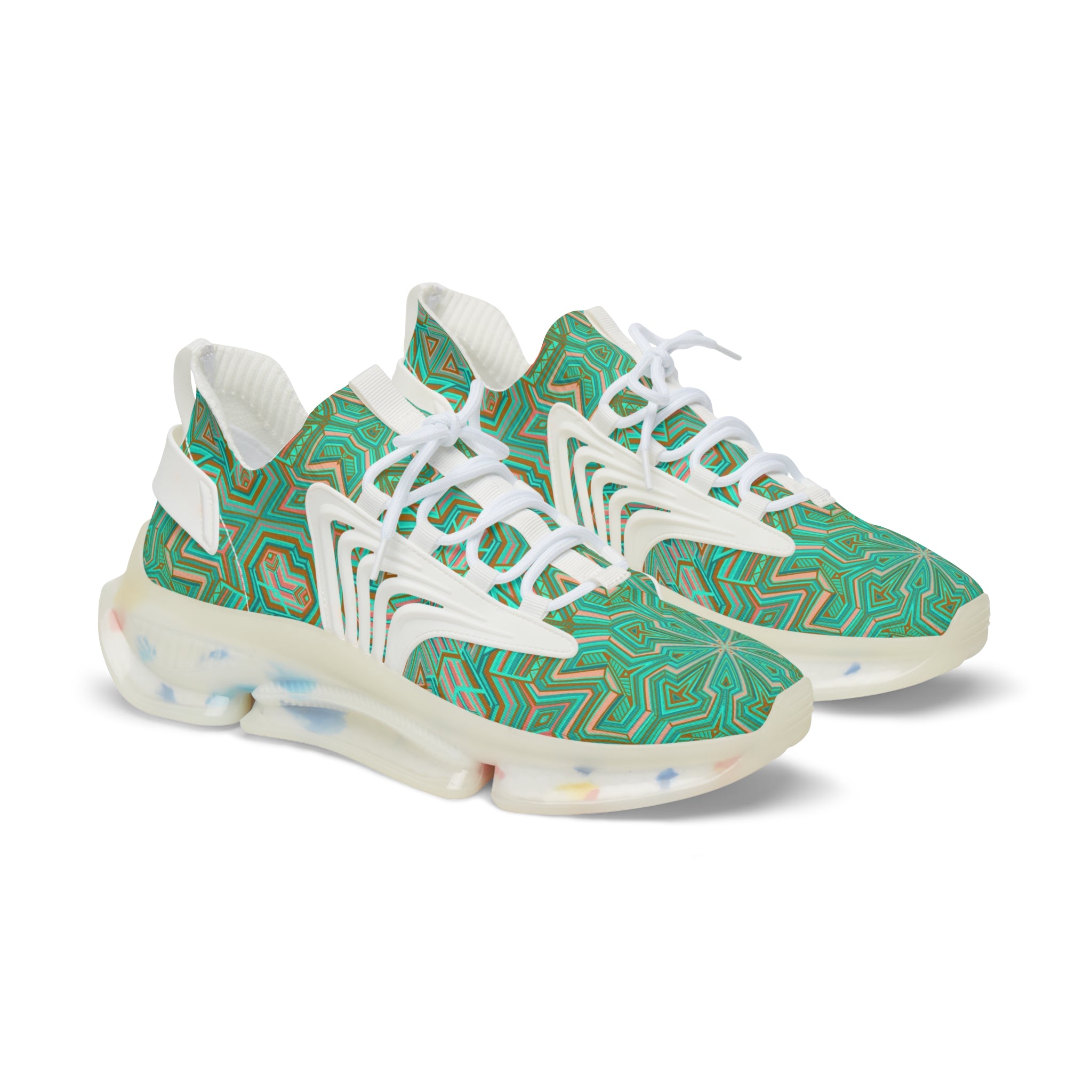 Green Geometric Mesh Sneakers — Men's Athletic Shoes with Kaleidoscope Pattern #khf87656