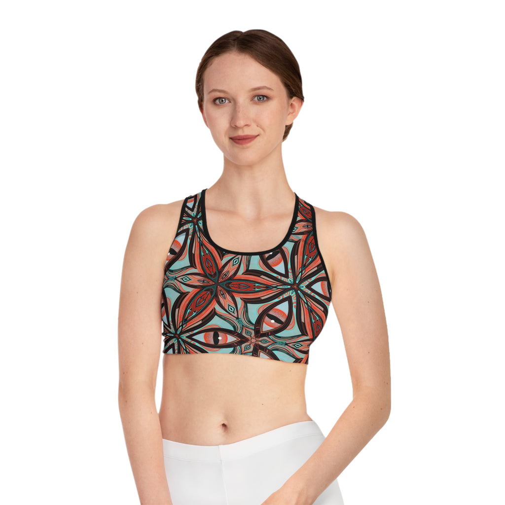 Retro Floral Kaleidoscope Sports Bra — Bold Red & Teal All-Over-Print #ugf826149