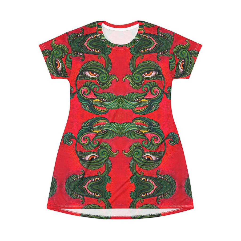 Green & Red Ornate Face Pattern T‑Shirt Dress — Abstract Baroque AOP #y4422288