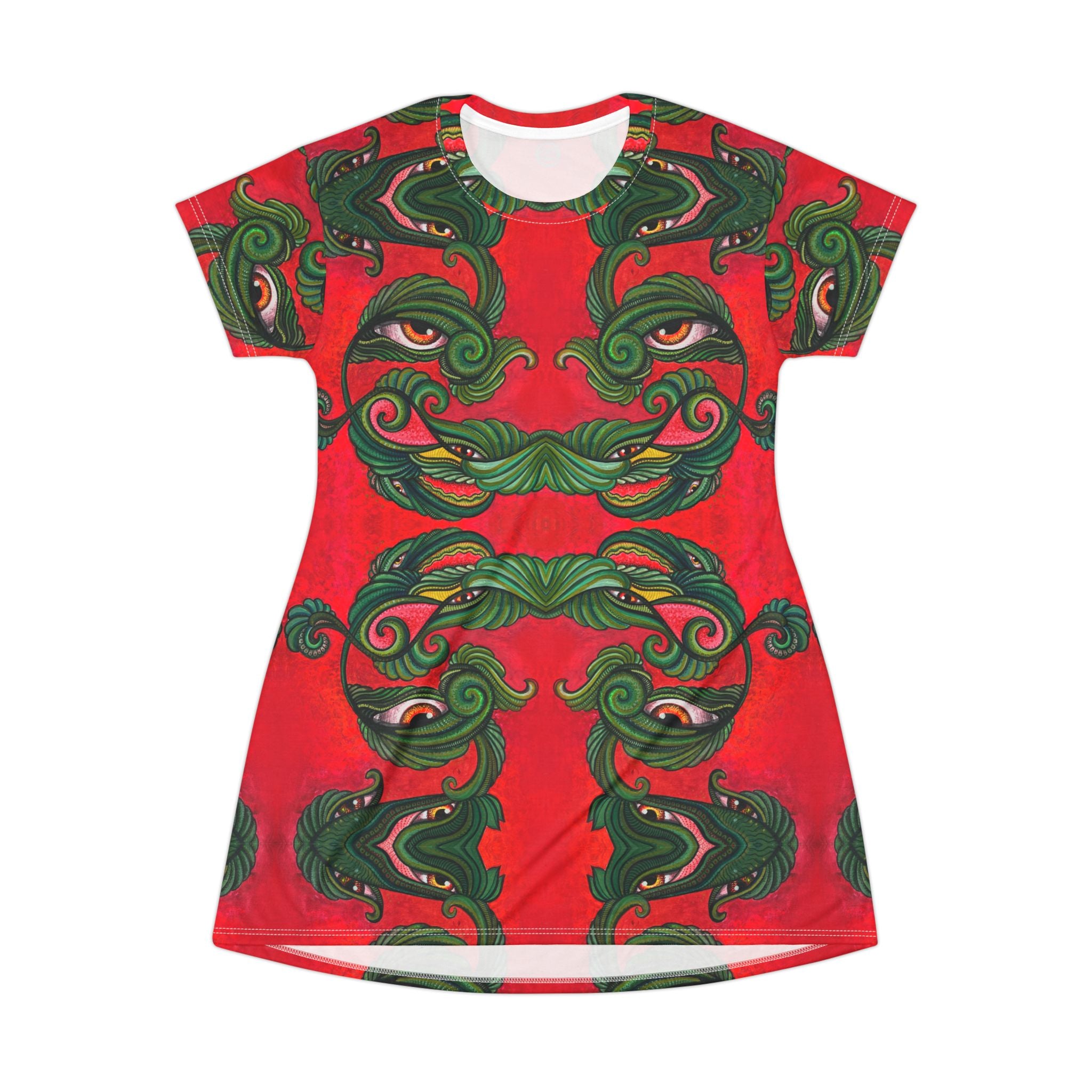 Green & Red Ornate Face Pattern T‑Shirt Dress — Abstract Baroque AOP #y4422288