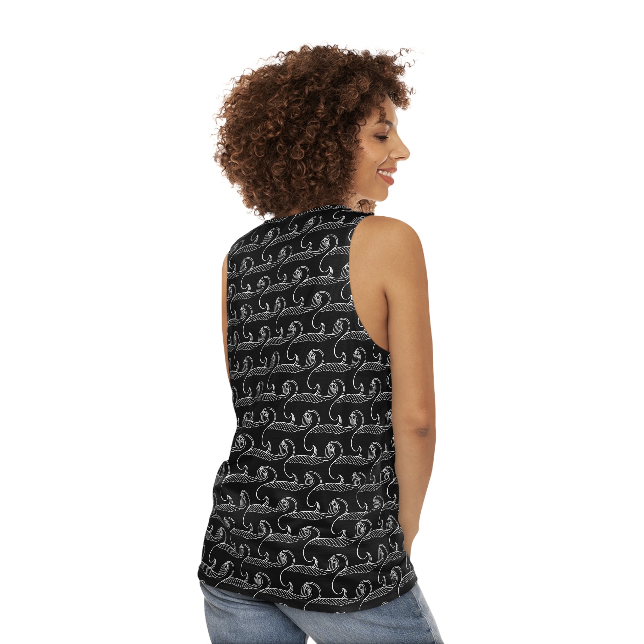 Ocean Wave Pattern Tank Top — Black Nautical All-Over Print #y43278