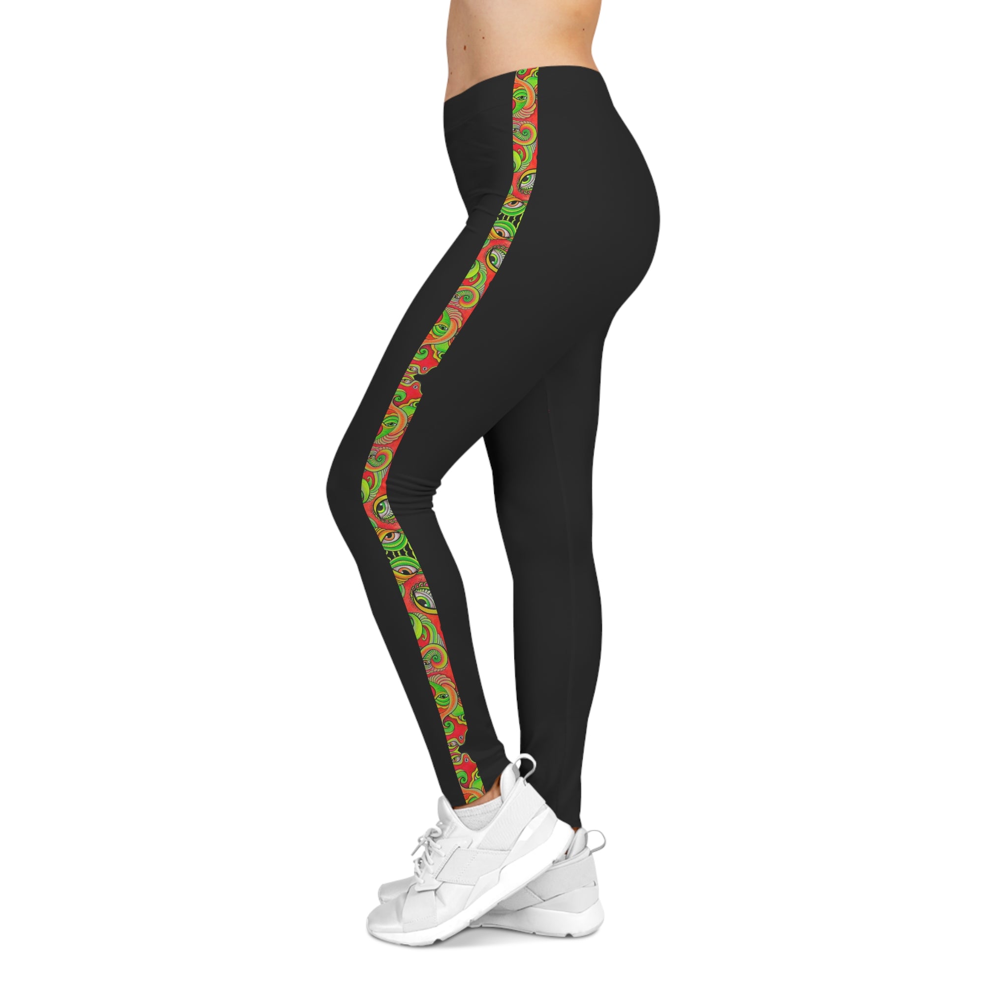 Black Leggings with Festive Red & Green Side Stripe — Women's Casual Holiday Activewear. #g7654456