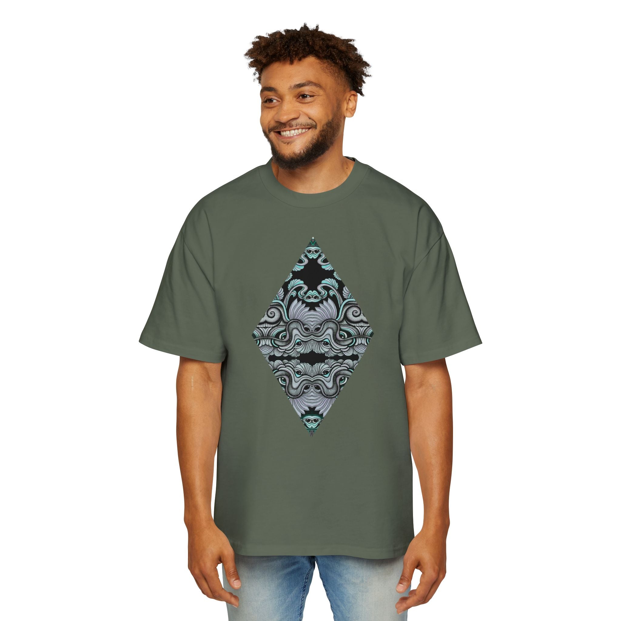 Men's Oversized Tee — Geometric Wave Pattern Diamond & Back Panel Graphic #gwp21