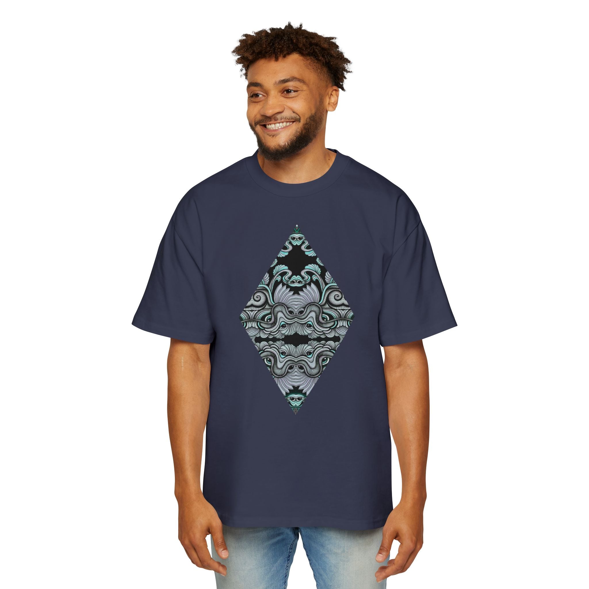 Men's Oversized Tee — Geometric Wave Pattern Diamond & Back Panel Graphic #gwp21