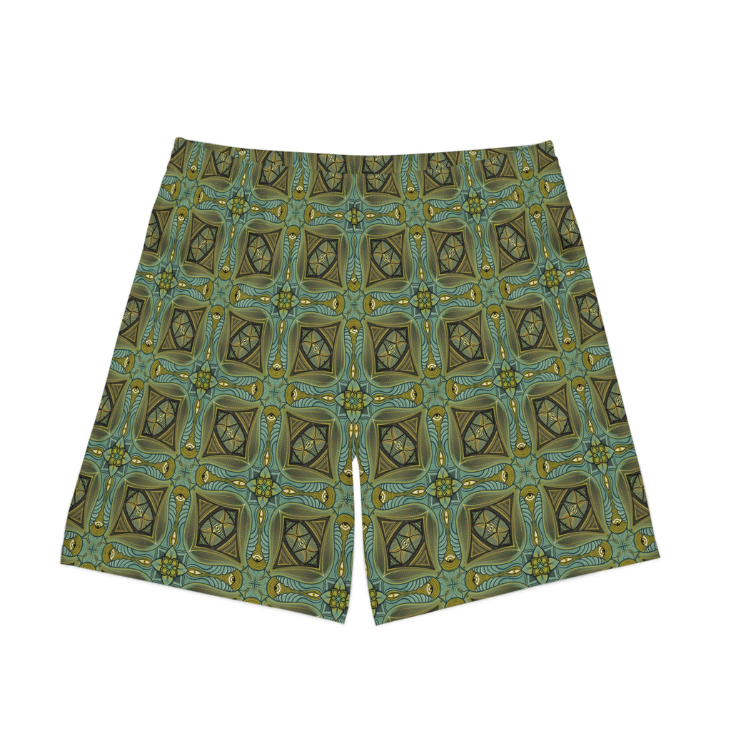 Men's Patterned Beach Shorts — Olive Geometric Kaleidoscope Print #h8764789