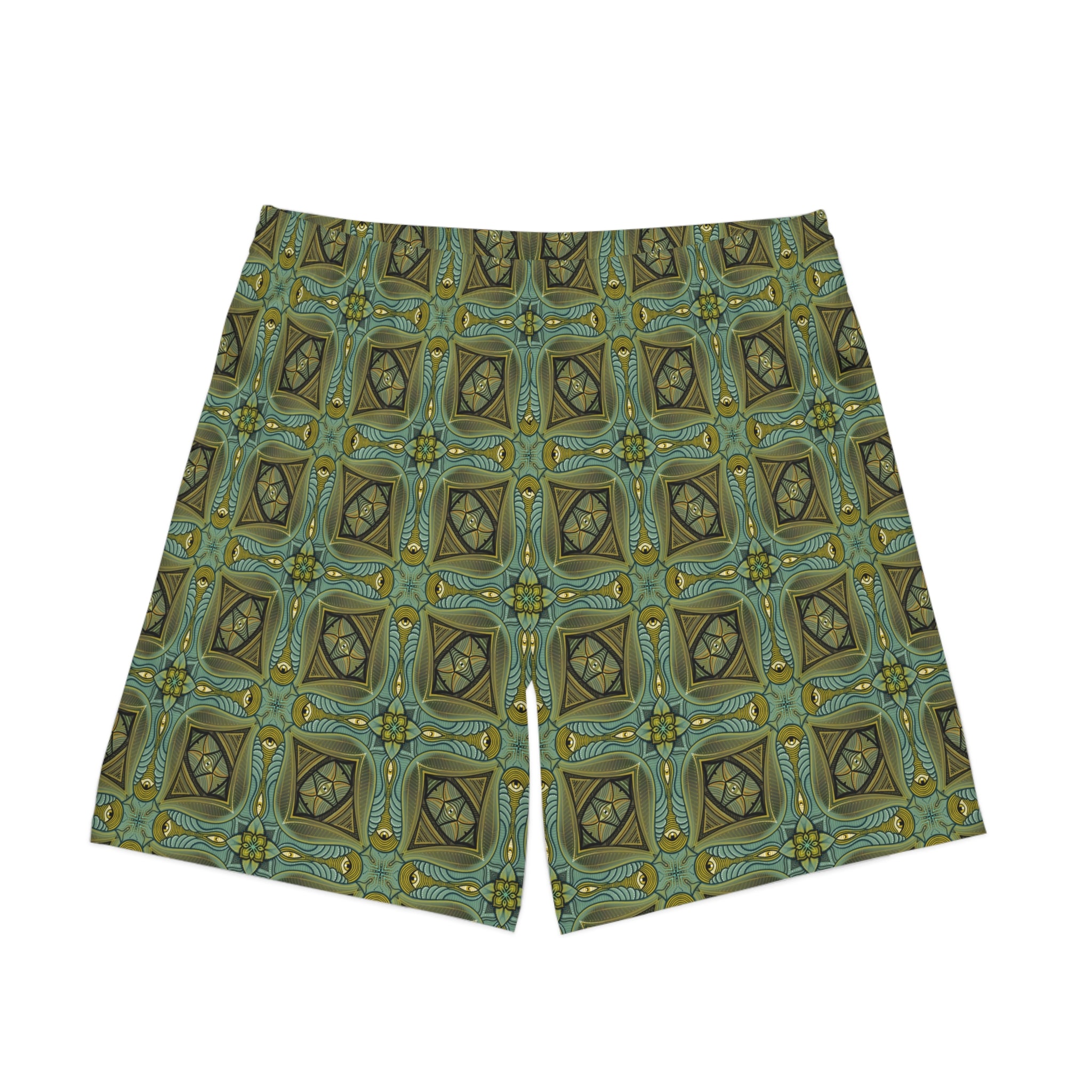 Men's Patterned Beach Shorts — Olive Geometric Kaleidoscope Print #h8764789