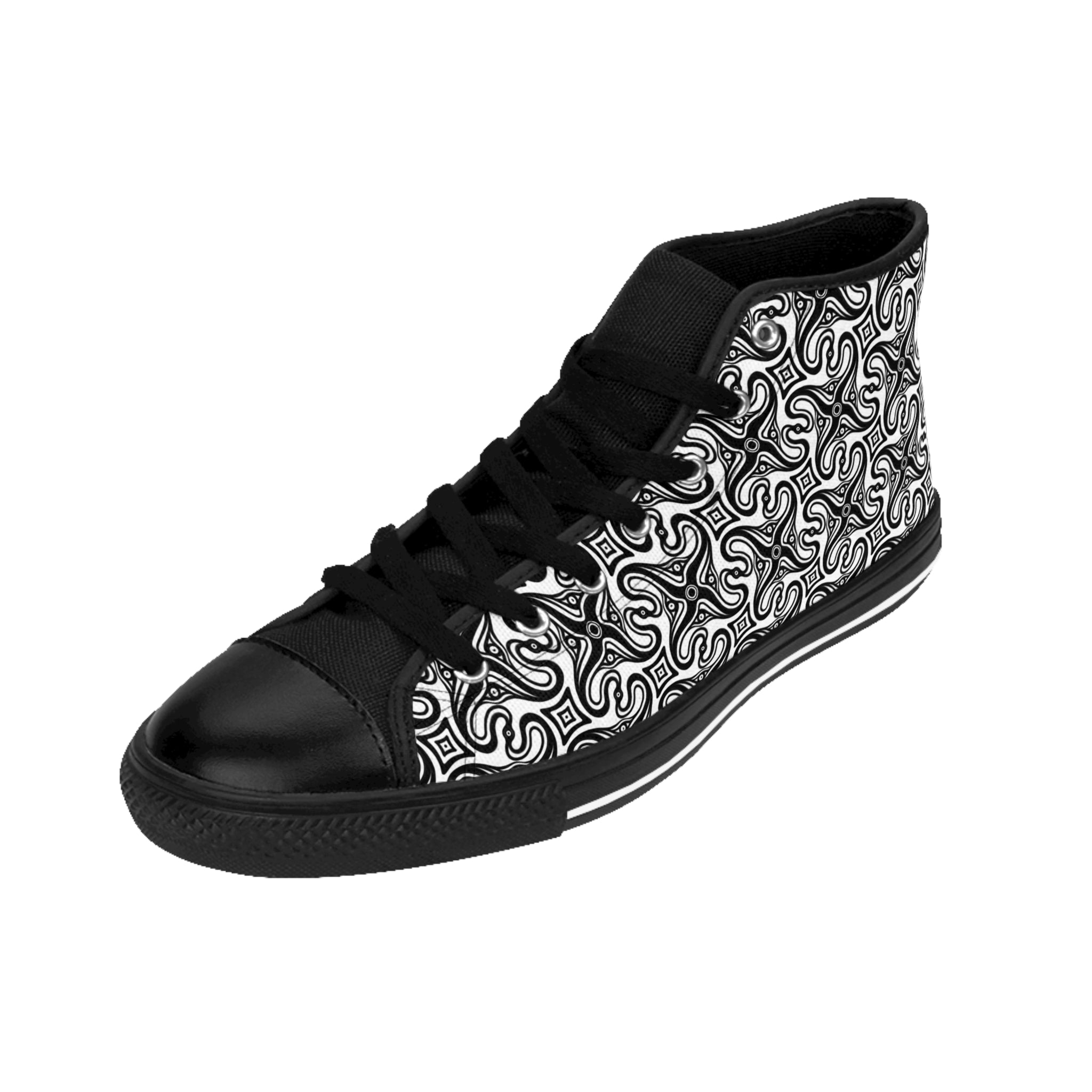 High-Top Sneakers — Black & White Geometric Swirl Pattern #g987678