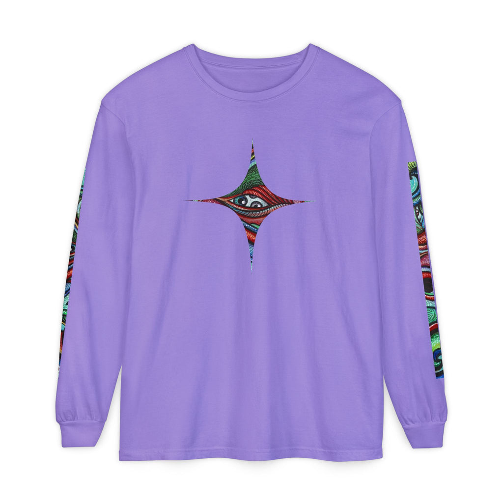 Psychedelic Starburst Long Sleeve Tee — Colorful Eye & Sleeve Stripe Design #k976344