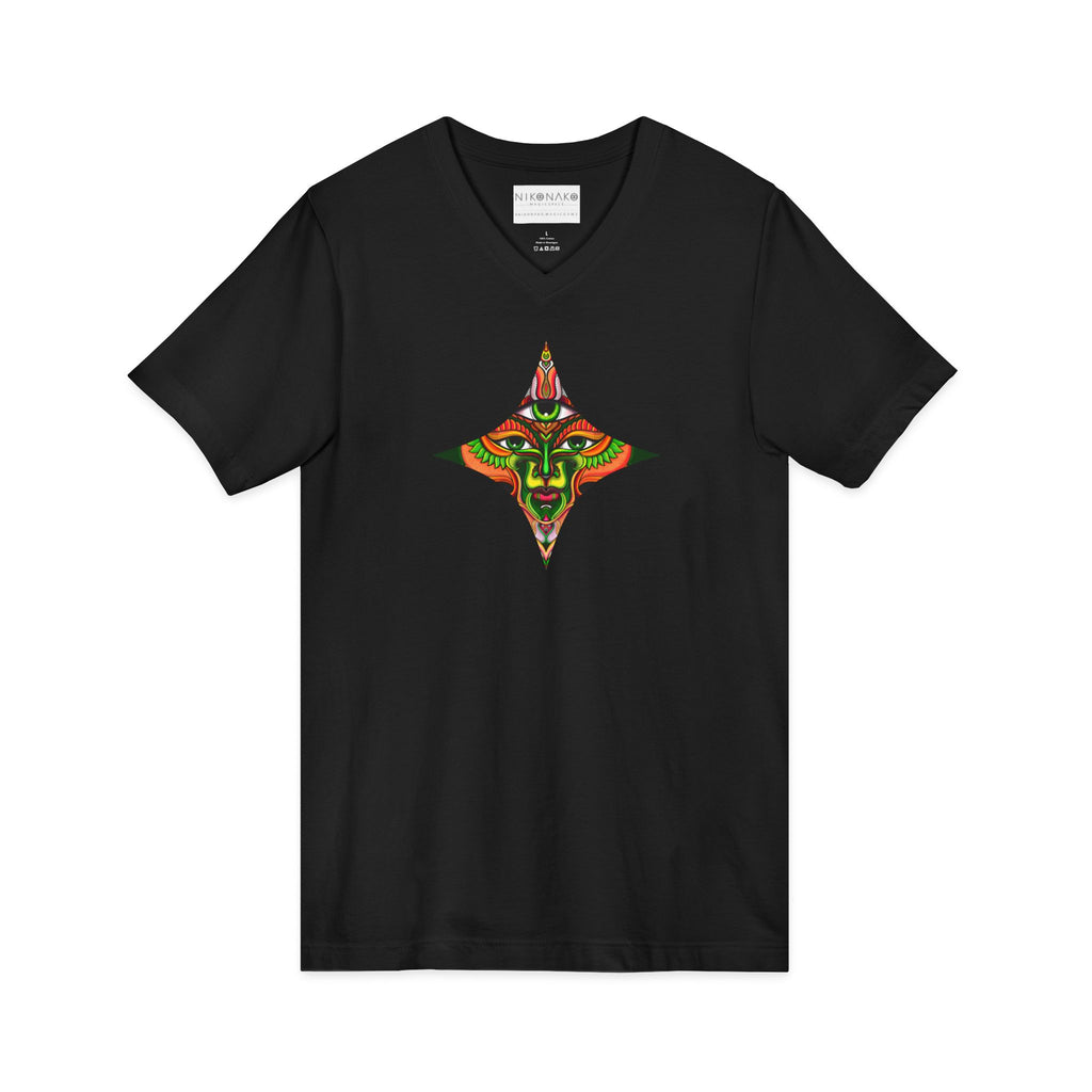 Tribal Mask Diamond Tee — Vibrant Ethnic Face Graphic V‑Neck T‑Shirt #hg 08656