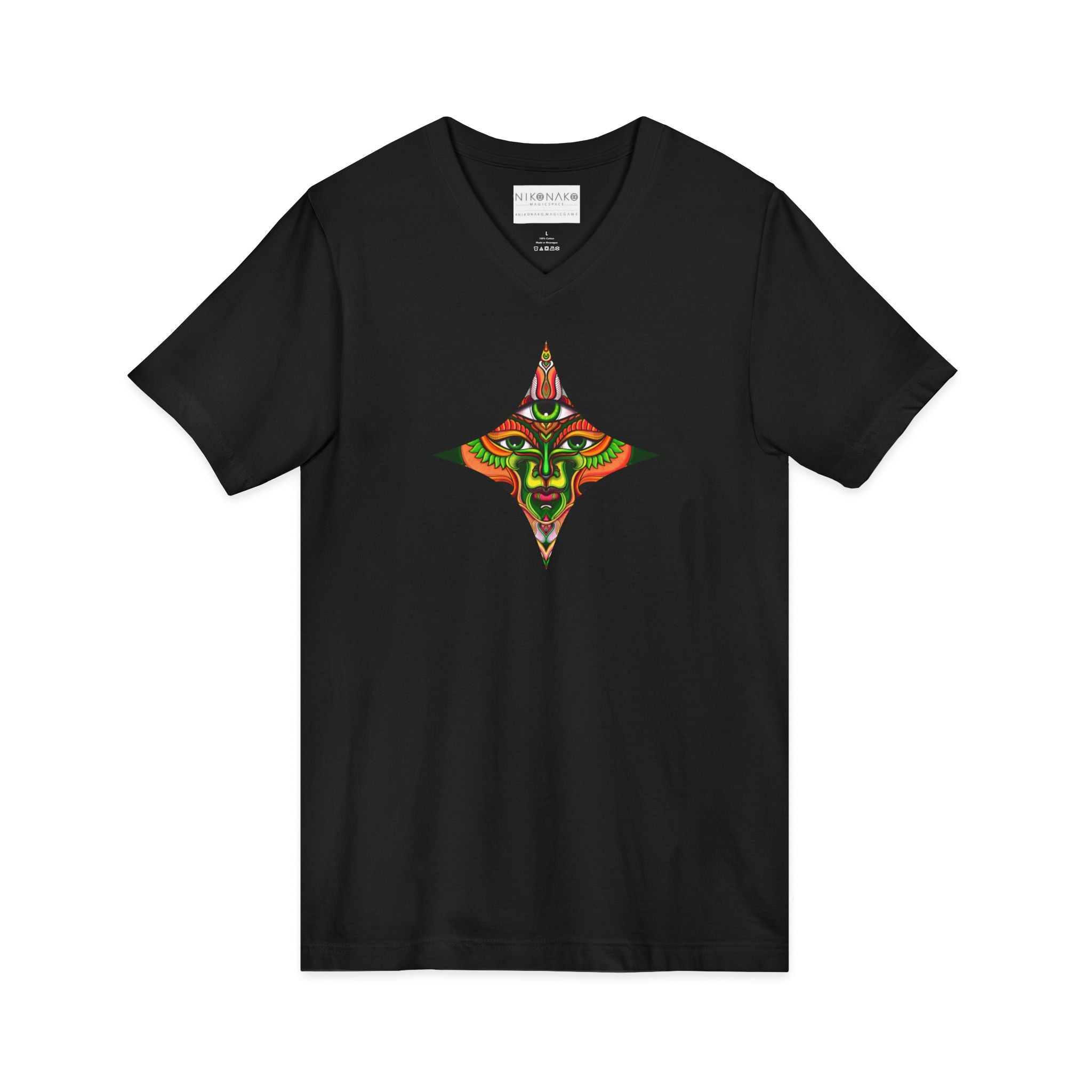 Tribal Mask Diamond Tee — Vibrant Ethnic Face Graphic V‑Neck T‑Shirt #hg 08656