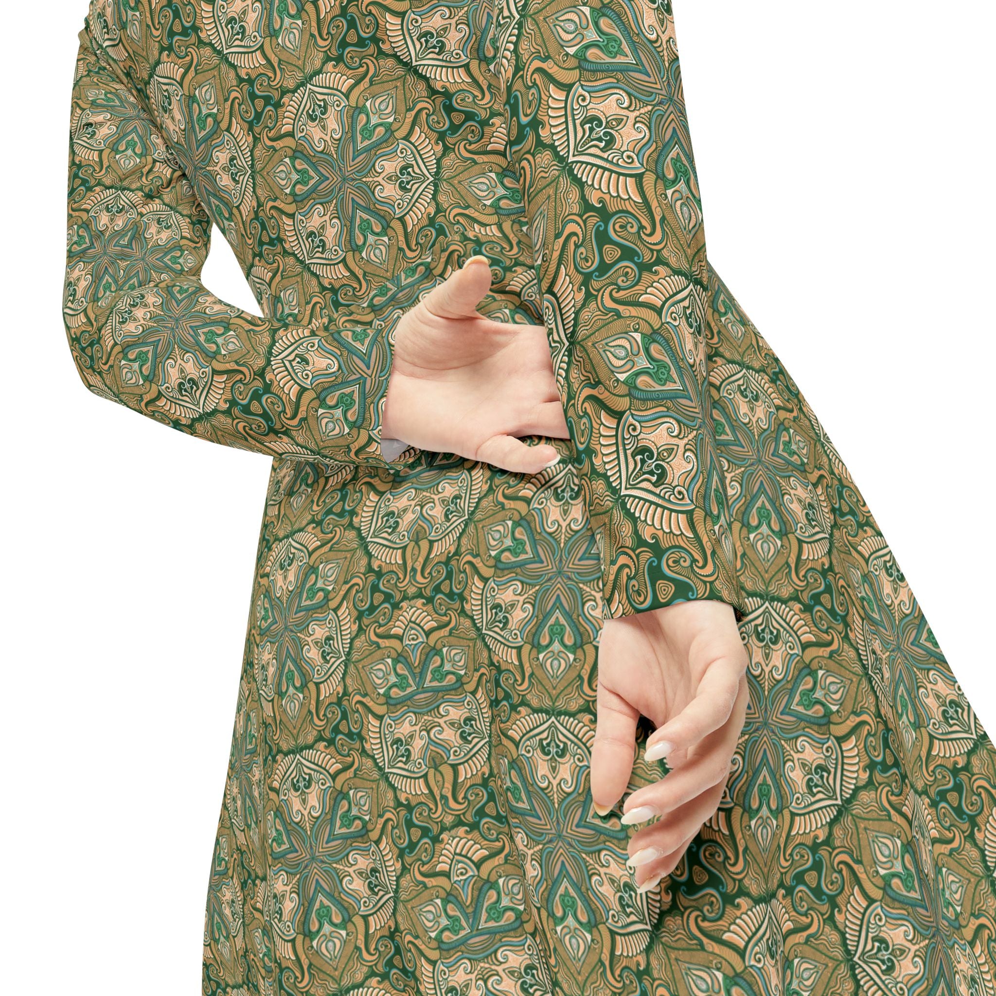 Green Vintage Floral Long Sleeve Dance Dress — All-Over Print #gh8420