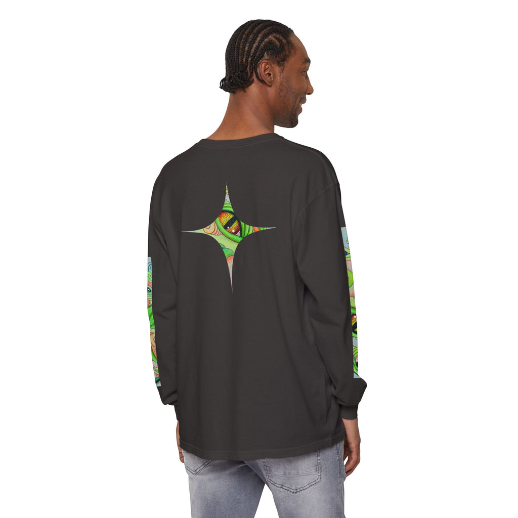 Psychedelic Green Triangle Long Sleeve Tee — Tribal Star Sleeve Artwork #gf086357